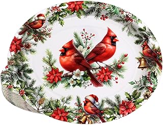 Treasure Cove Christmas Paper Plates Disposable Cardinal Oval Paper Plates Cardinal Bird Tableware Decorative for Xmas Holiday Dinner Party Supplies 24Pcs 10'' x 12''