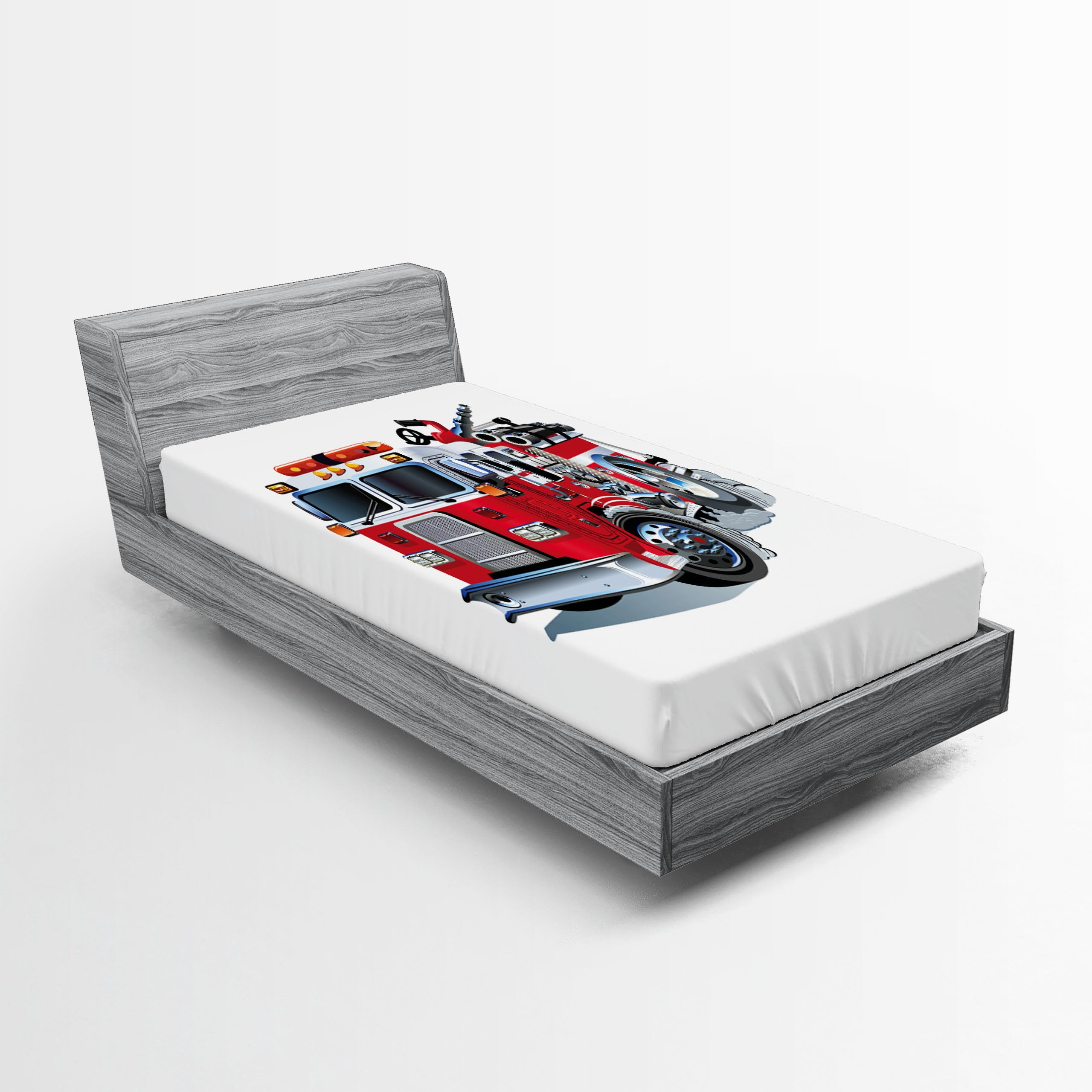 Ambesonne Truck 2 Pack Fitted Sheet, Brigade Vehicle Illustration, Bed Cover All-Round Elastic Deep Pockets 2 Pieces, Package Contains 2 Twin Size Fitted Sheets, Grey Red