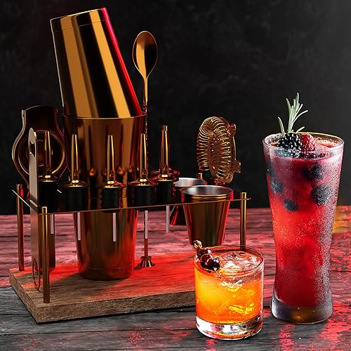 Miniatura 5 de Juego de coctelera de bar, kit de camarero, juego de cóctel dorado de 17 piezas, kit de barman mixología con soporte de madera, kit de cóctel de