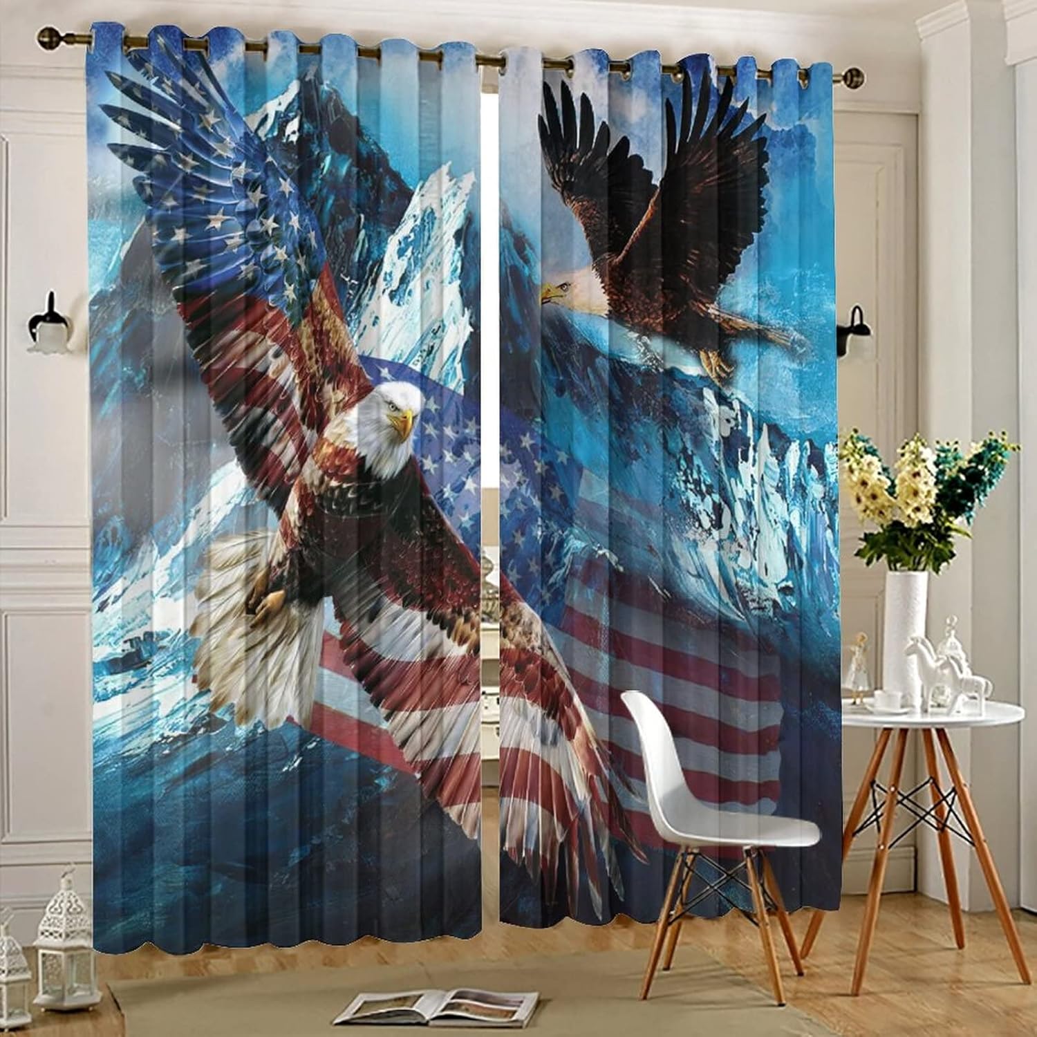 US Flag Bald Eagle Ultra Soft Premier Blackout Curtains,Vintage Oil Painting Winter Forest Snowy Mountains Eagle American Flag Thermal Insulated Bedroom Noise Reducing Grommet Top,2 Panels 54L x 21W