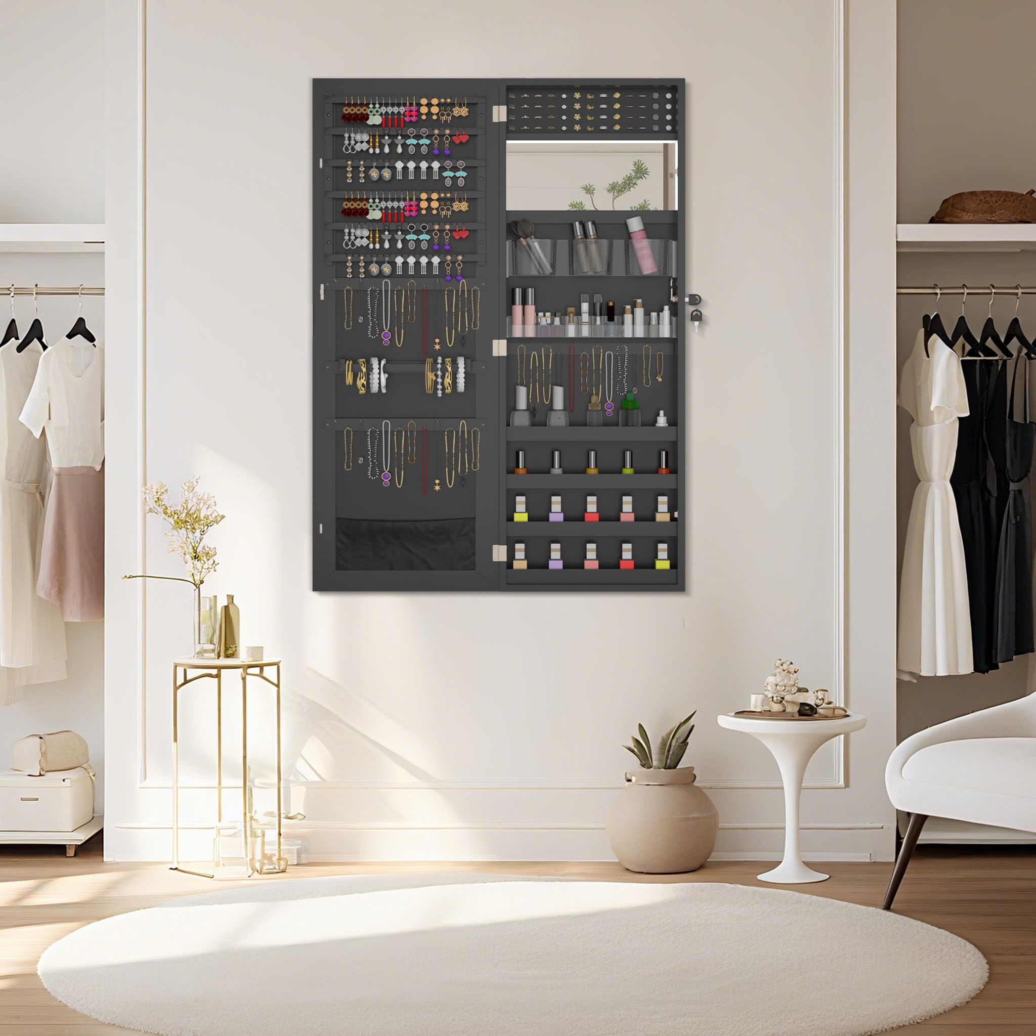 LZQ Schmuckschrank mit Spiegel Hängend Spiegelschrank Abschließbar Wandschmuckschrank 2-in-1 Schmuckaufbewahrung Türspiegel Wandspiegel Schmuck-Organizer, 107,5 x 36,5 x 9,5 cm, Schwarz