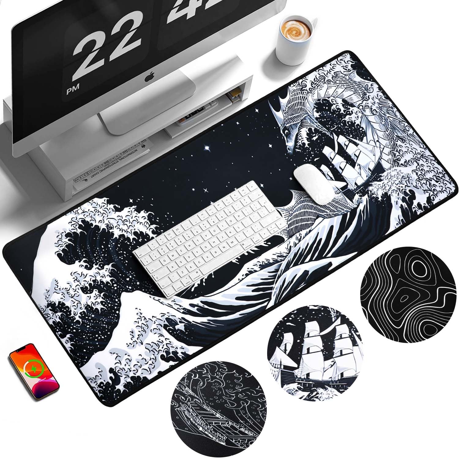 EIMMBD Dragon Sea Wave Extended Ukiyo-e Large 31.5x11.8 Inch Mouse Pad with Non-Slip Base for Home Office Work