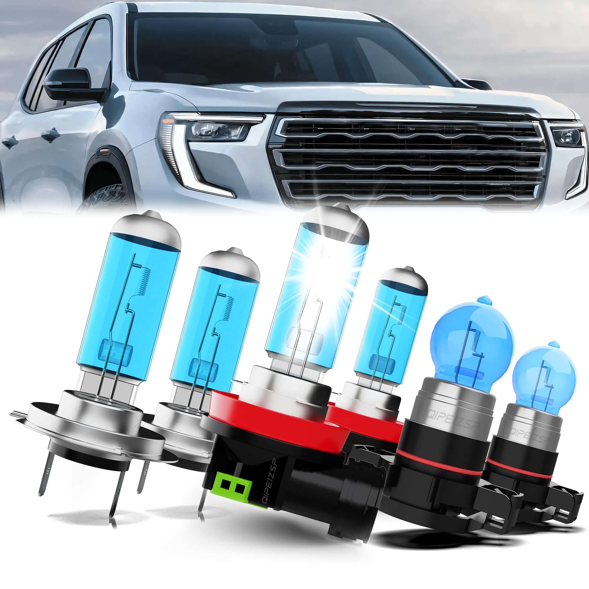 QIPEIZSP Compatible With GMC Acadia 2007 2008 2009 2010 2012 Lights Headlight Bulbs, H7 High Beam + H11/H9/H8 Low Beam halogen headlight bulbs + 5202 fog lights, Pack of 6