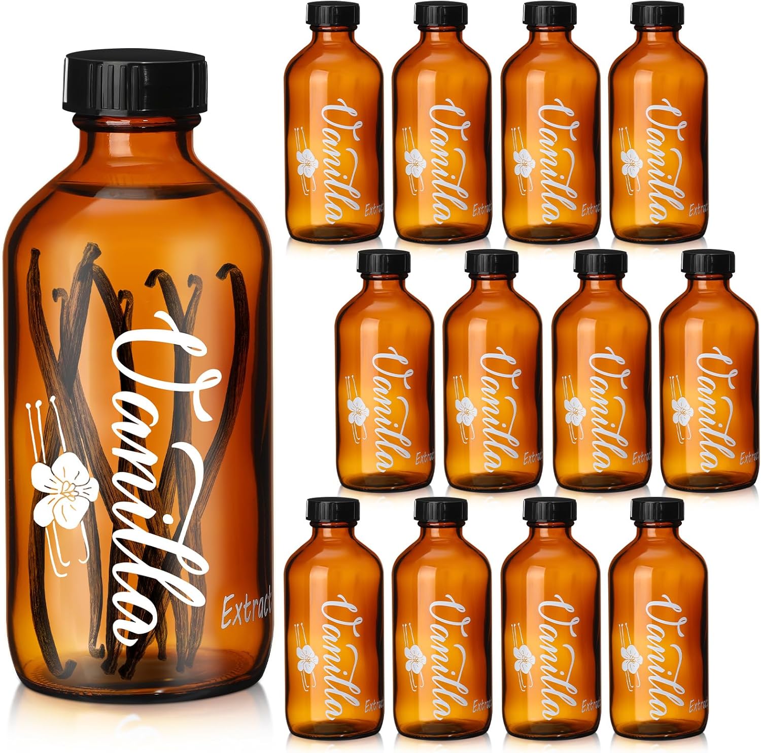 Uiifan 12 Pack 4 oz Amber Glass Bottle Boston Round Bottles with Caps Brown Vanilla Extract Bottles High Temperature Screen Printing for Syrup Gift Glass Food Storage Canister Set Sauce Beans