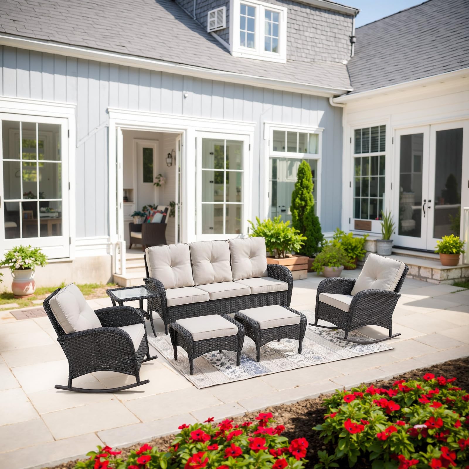 Belord Patio Rocking Chairs Furniture Set of 6, Outdoor Wicker Furniture Sets with Wicker Rocker, Small Patio Conversation Sets with Outdoor Couch