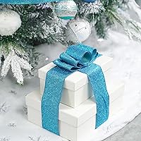 Vista 6 de MEEDEE Cinta con alambre con purpurina azul de 2.5 pulgadas, turquesa metálico, azul claro, 25 yardas para decoración de árbol de Navidad