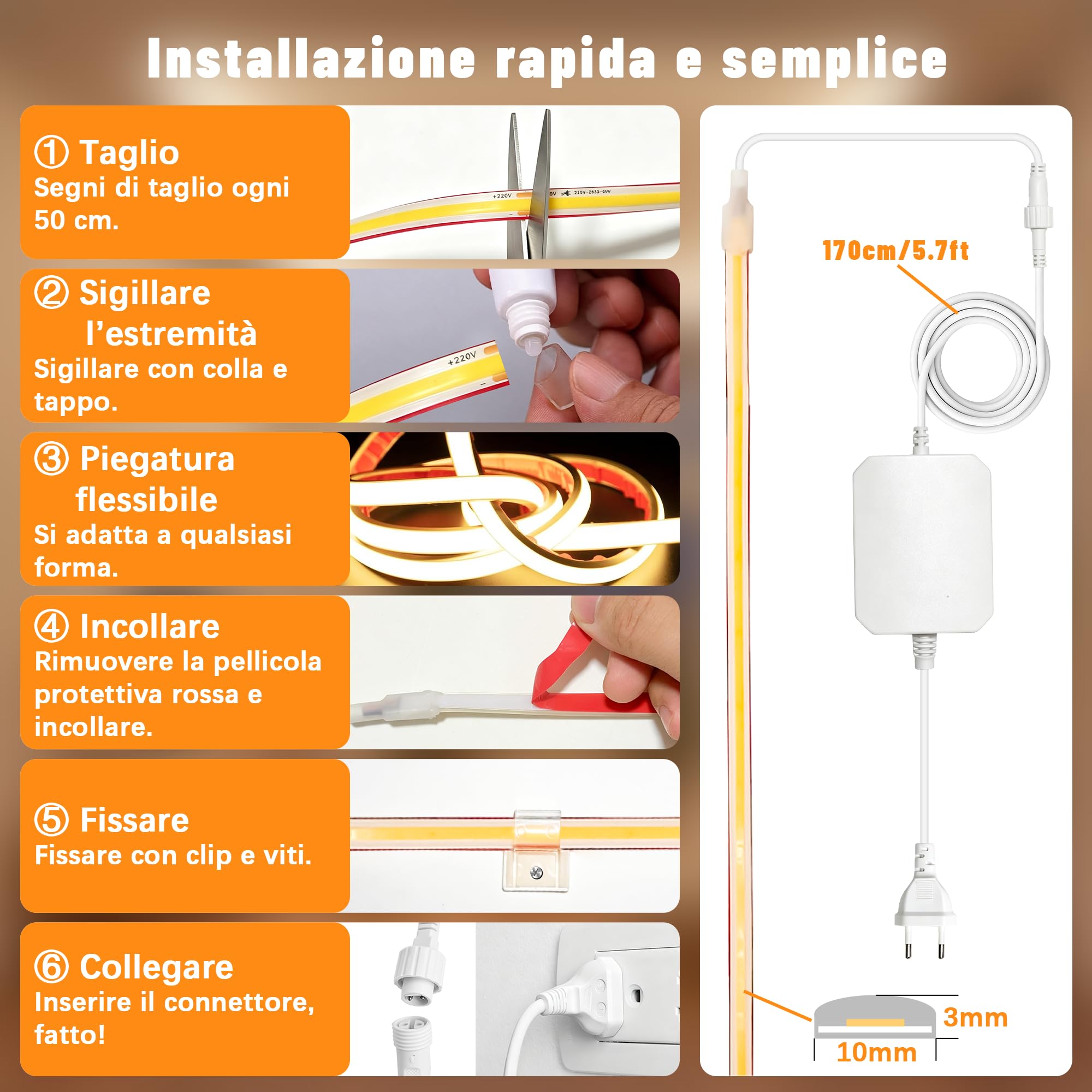 Striscia LED COB Impermeabile IP67 per Esterno con Telecomando, AC 220V-230V Dimmabile a Collegamento Diretto, Superluminosa Autoadesiva per Esterni, Giardino, Terrazzo (warm 2700K, 40M)