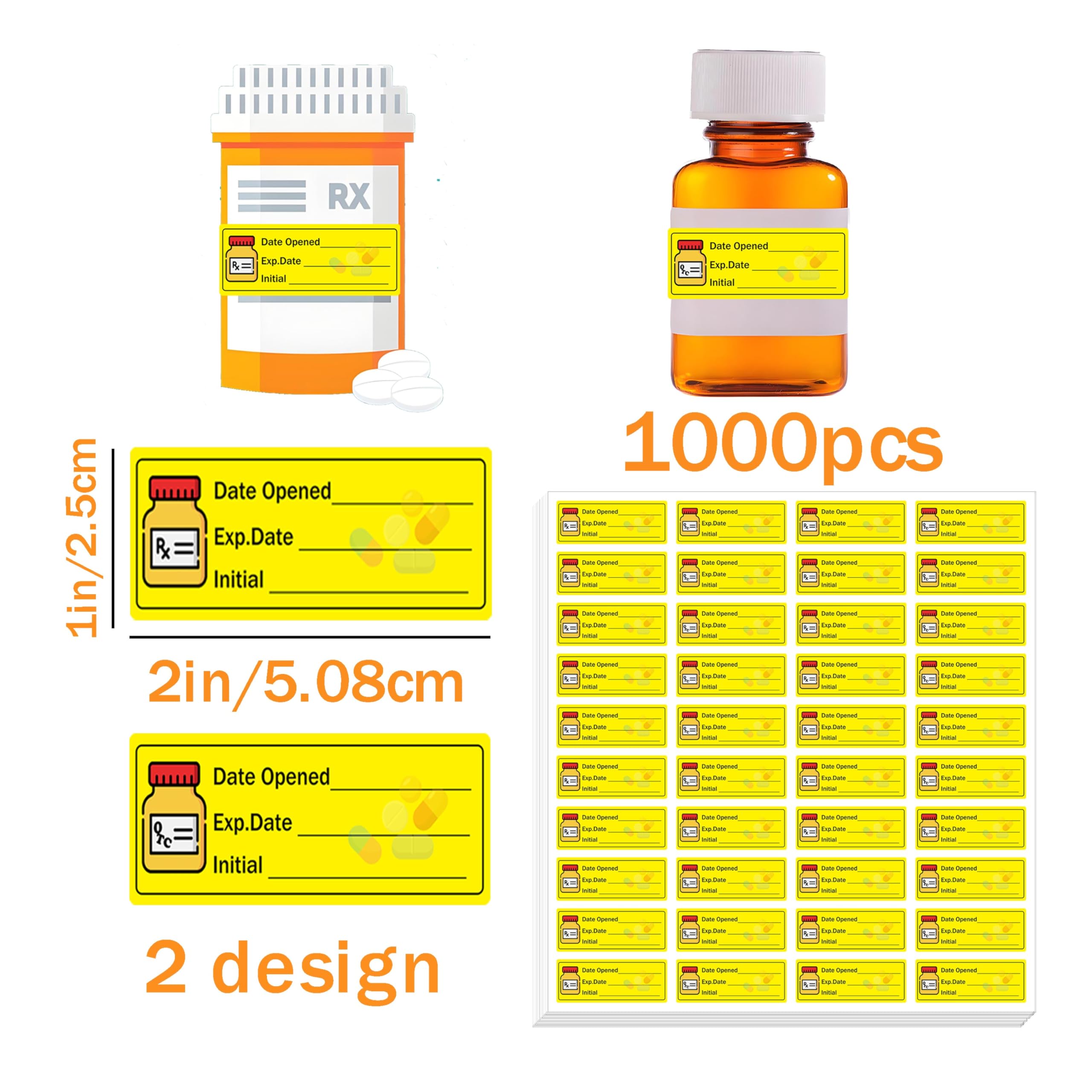 Lot de 1 000 étiquettes adhésives de 5,1 cm avec date d'ouverture pour pharmacie, date d'expiration, étiquettes d'instructions de médicaments pour inventaire, pilules, fournitures de sécurité pour