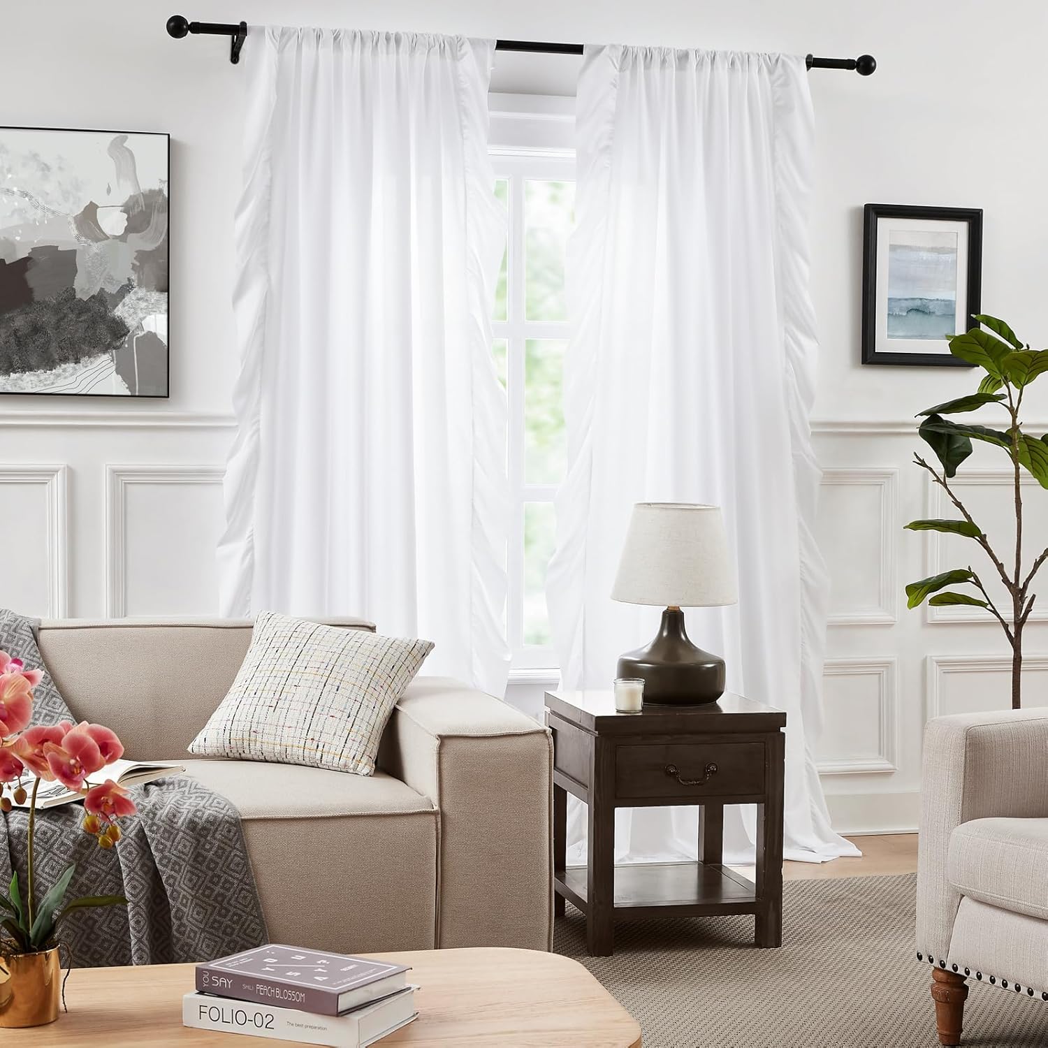 White Ruffle Curtains 84 Inches Long for Bedroom Living Room Rod Pocket Light Filtering Victorian Romantic Ruffle Curtains for Girls Room Window Privacy Decor Holiday Cottage, 2 Panels, 52x84