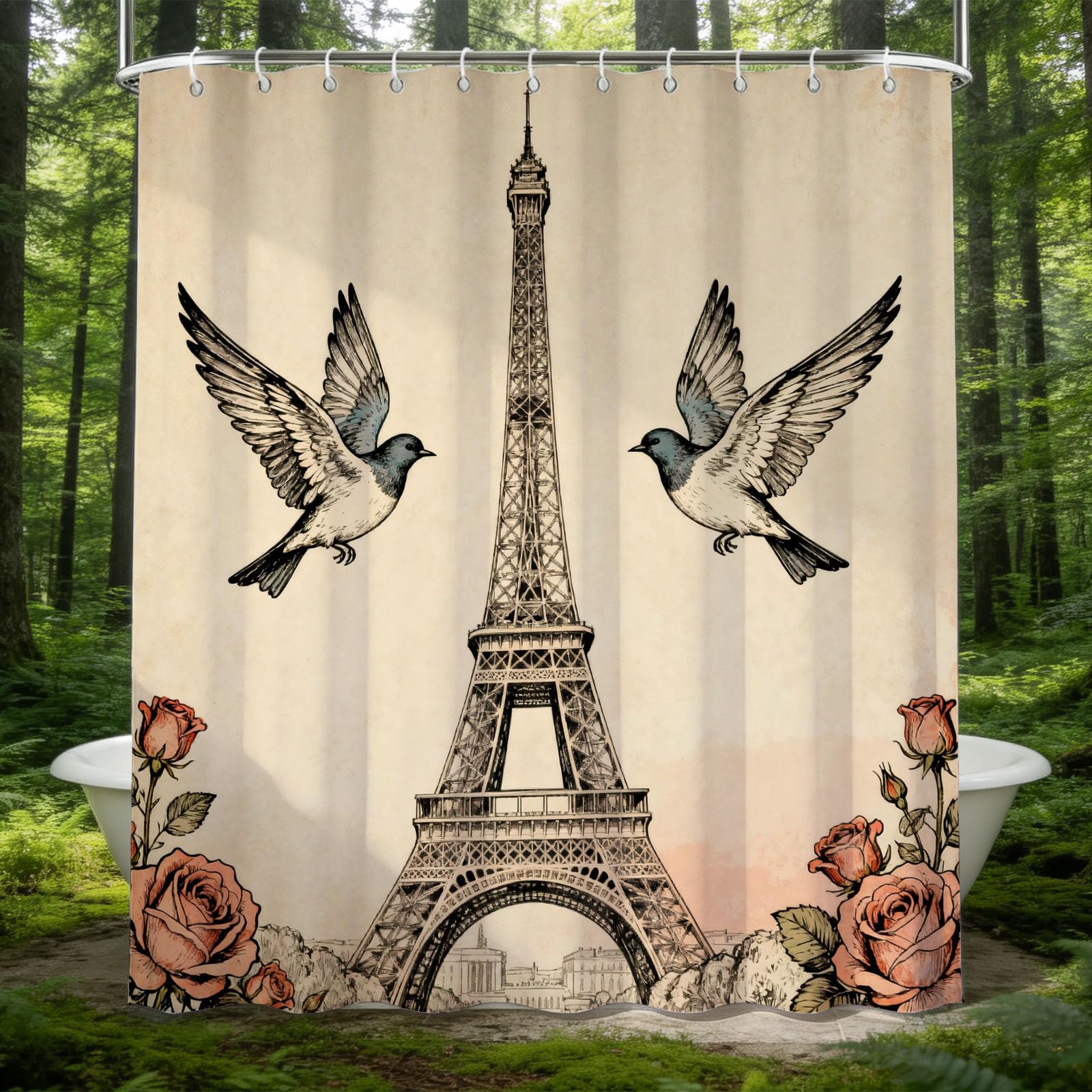 Hongduo 3D Eiffel Tower Illustration Shower Curtain for Stalls Bathtubs Shabby Chic Vintage Bathroom Decor Shower Curtain Set Polyester Fabric Waterproof 180x180cm/71X71 Inch with Hooks