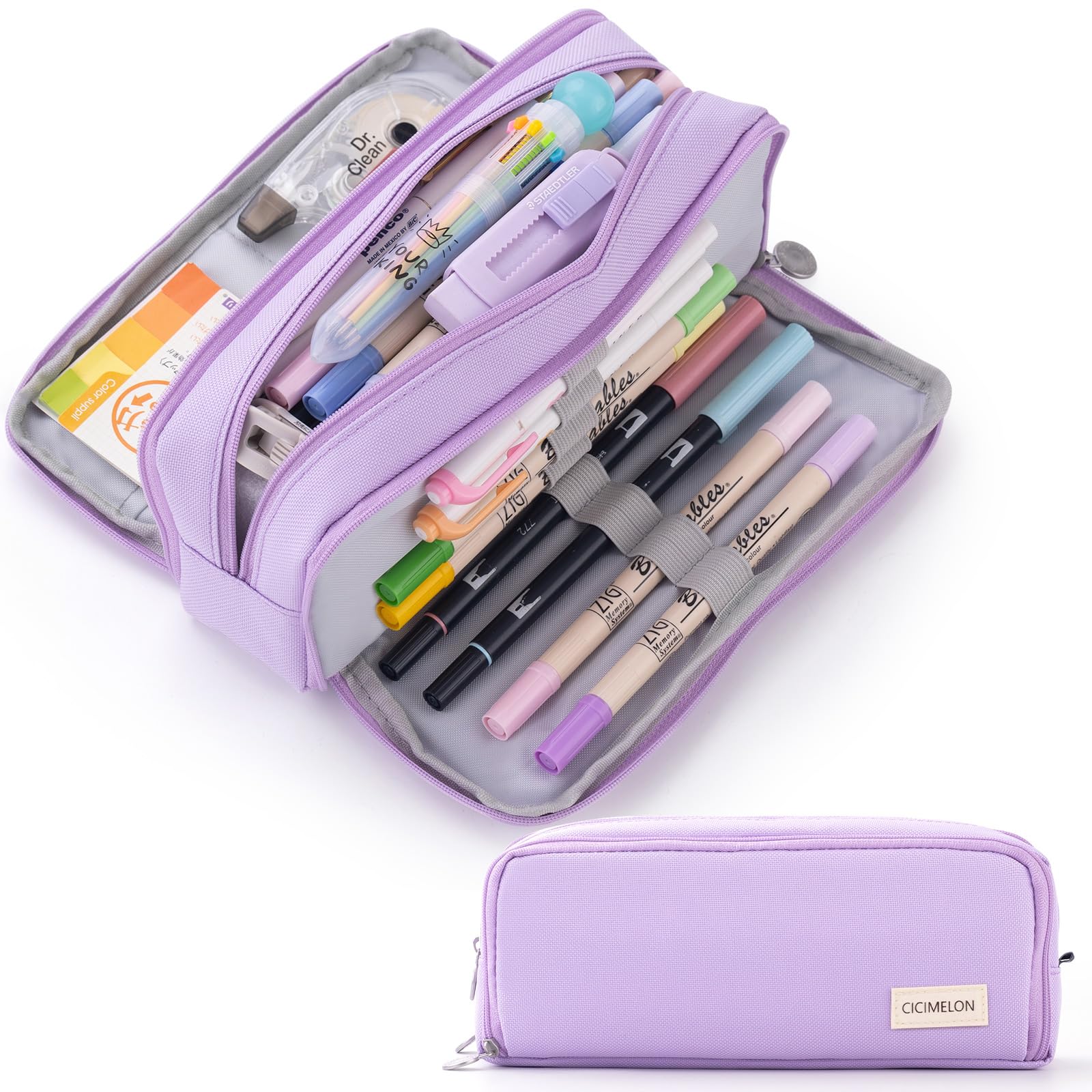 CICIMELON Large Capacity Pencil Case 3 Compartment Pouch Pen Bag for School Teen Girl Boy Men Women (Purple)