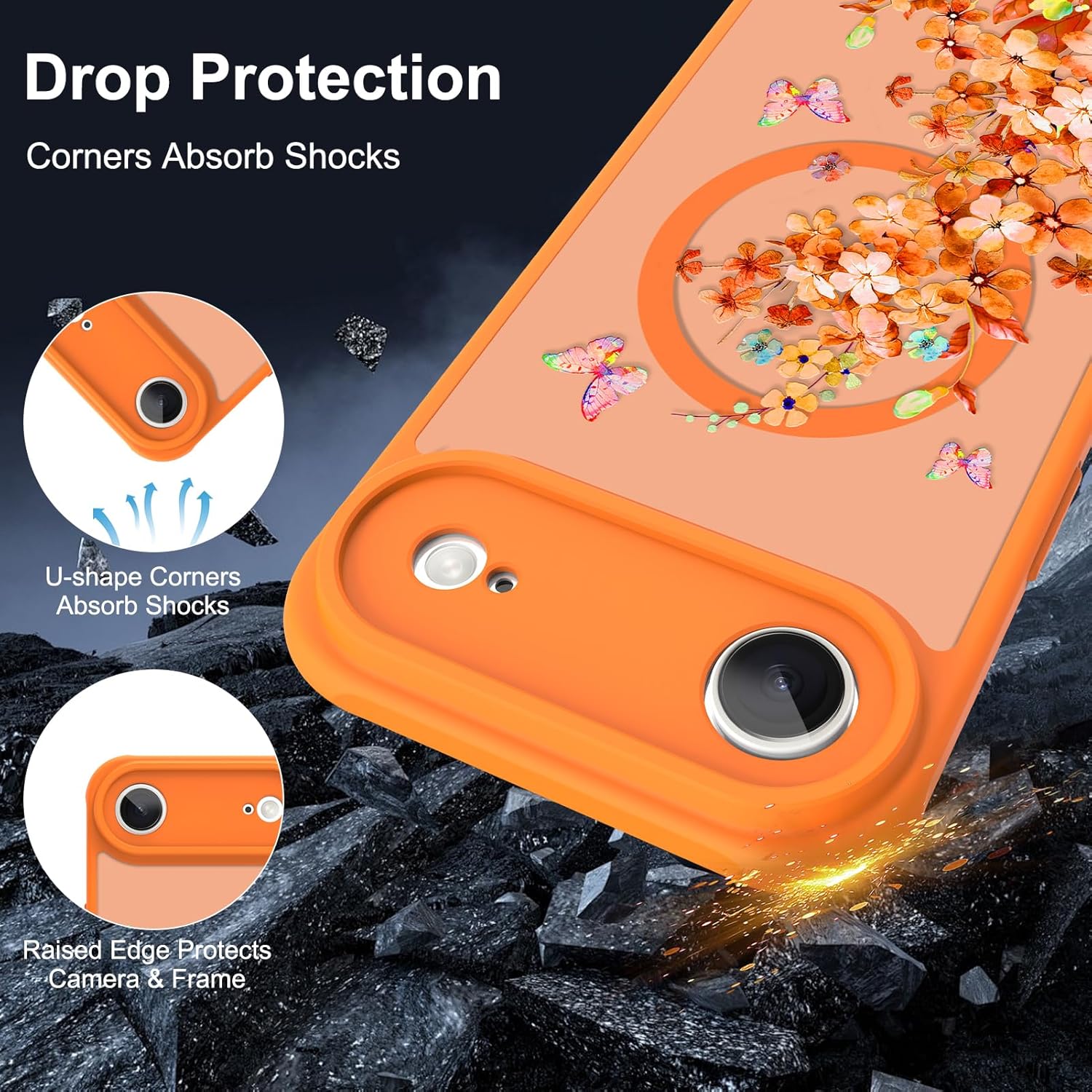 AIGOMARA Magnetic Case for Air [Compatible with MagSafe] Cute Orange Watercolor Floral Butterfly Pattern Phone Case for Women Gilrs Soft TPU and PC Back Protective Slim Phone Cover