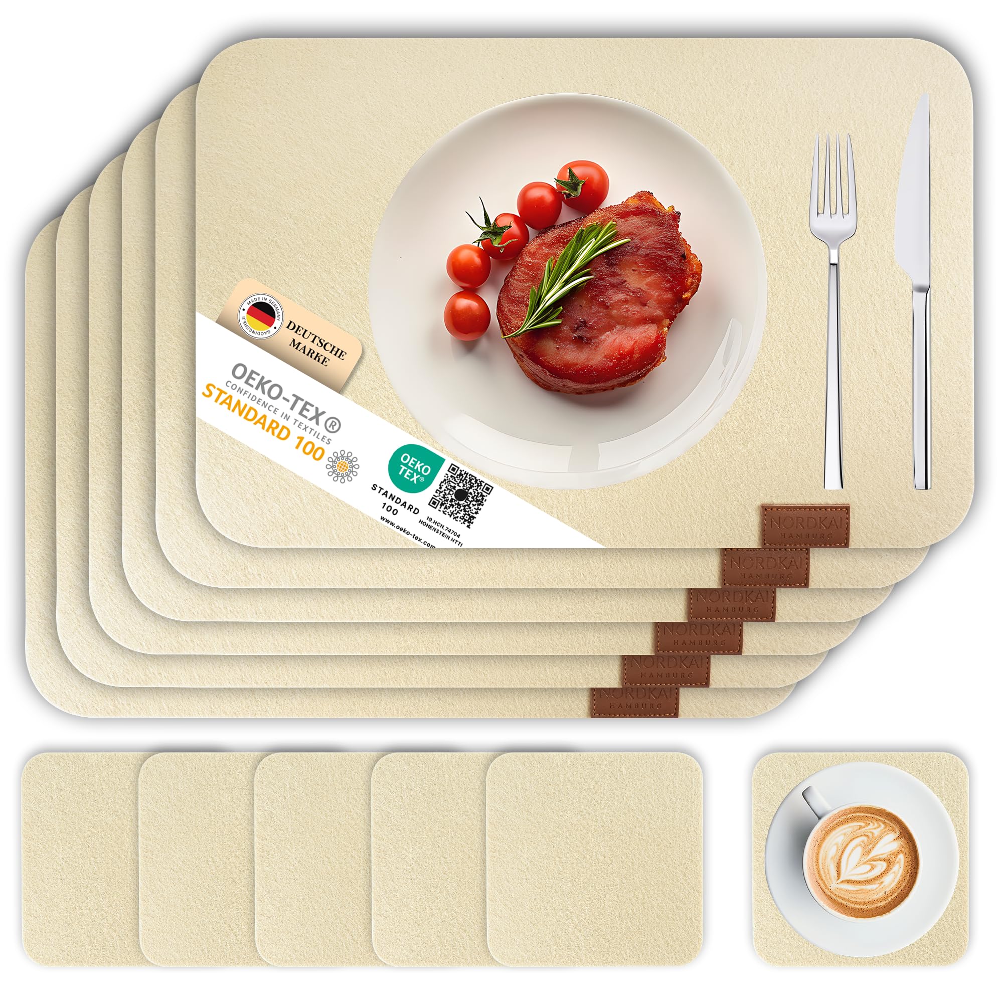 Nordkai Filz Tischset – 6er Set Platzsets + 6 Untersetzer – 45×30 cm – rutschfest, hitzebeständig & abwaschbar – Skandinavisches Design, pflegeleicht & platzsparend (Sandbeige Natur)