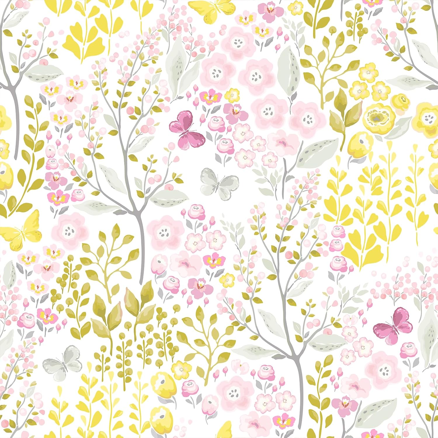 VEELIKE Butterflies Floral Wallpaper Vintage Yellow Pink Floral Peel and Stick Wallpaper for Bedroom Nursery 17.7''x354'' Prepasted Removable Flower Wallpaper Boho Contact Paper for Cabinets Drawers