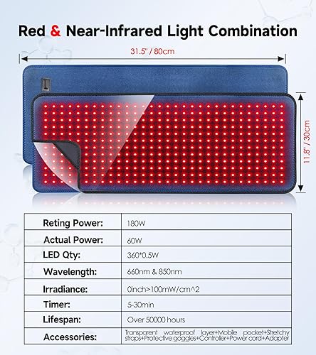 Miniatura 7 de Almohadilla de terapia de luz roja para cuerpo, dispositivo de terapia de luz infrarroja yasinaner 660 nm y 850 nm, longitud de onda, cinturón de