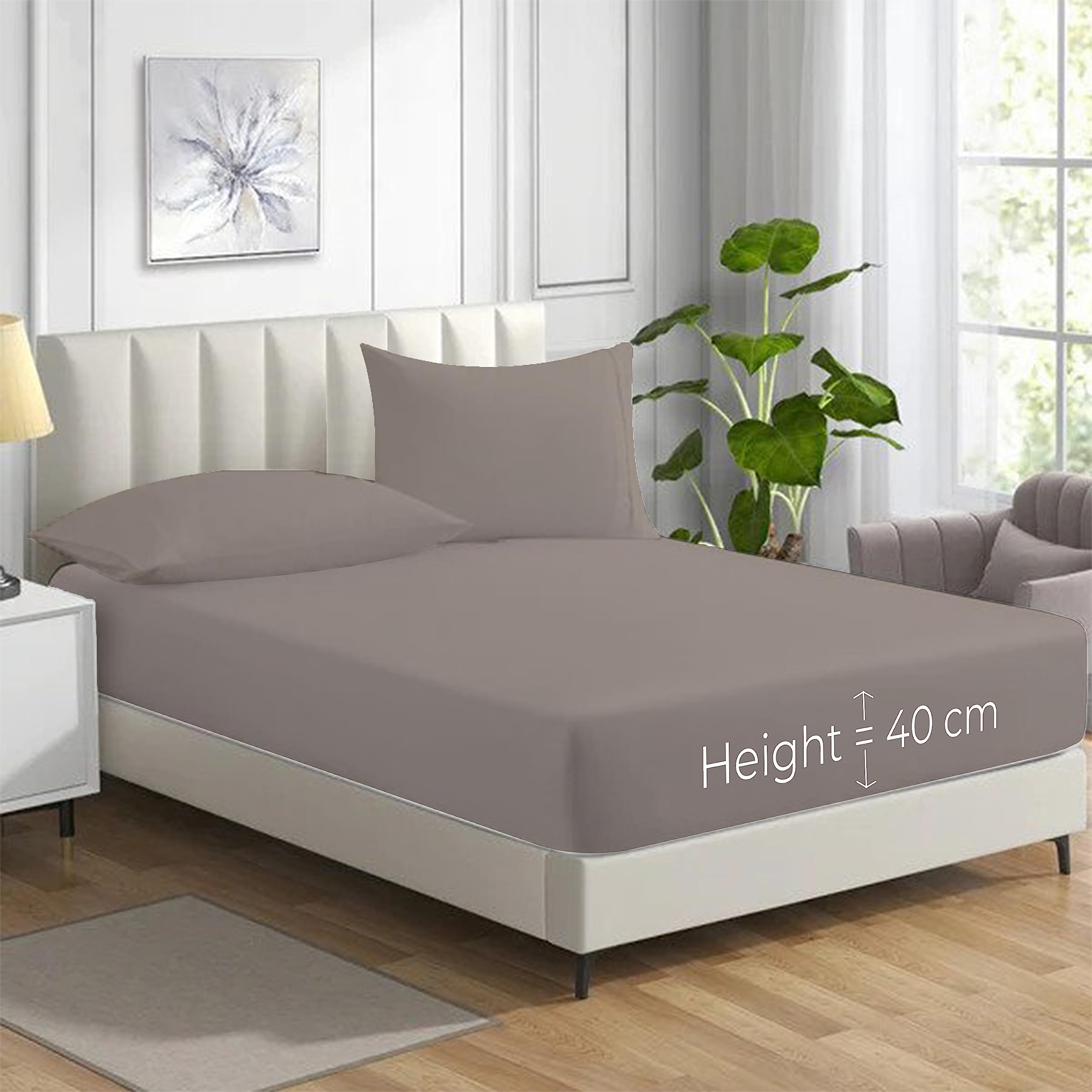 Hadi London Grey Polycotton Fitted Sheets For Single Double King Super King Size Bed Plain Dyed 40 Cm Extra Deep Fitted Sheet Cover With 200 Thread Count And Elasticated Edges (, King)