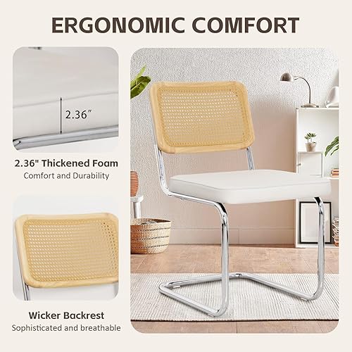 Miniatura 6 de Juego de 4 sillas de comedor de terciopelo blanco tapizadas sin brazos con respaldo de ratán, marco cromado inoxidable para comedor, apartamento,