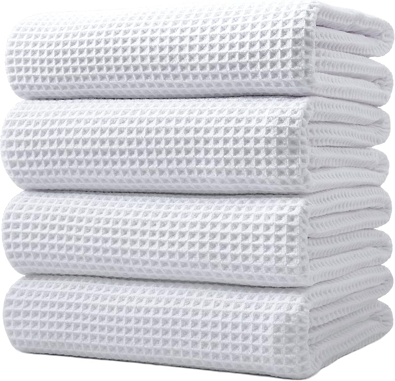 POLYTE 430 GSM Poly Blend Microfiber Quick Dry Waffle Bath Towel, 30x60 in | 4 Pack, Oversize, Lint Free, Body Towel
