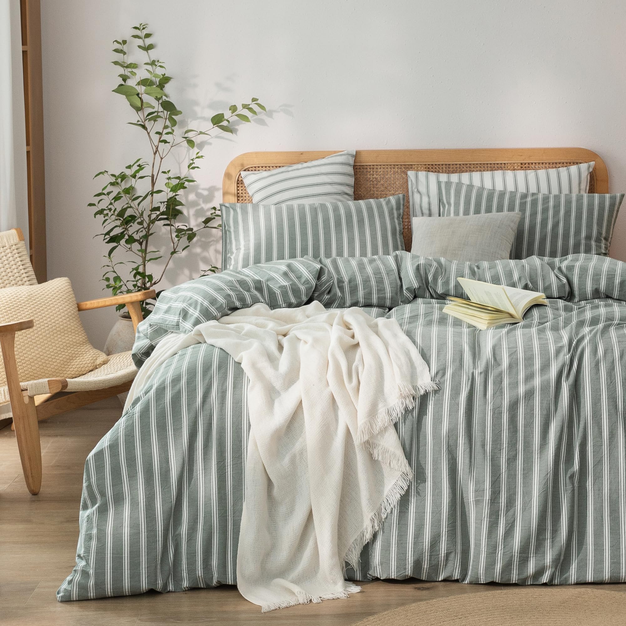 BESTOUCH Striped Cotton Duvet Cover Set Linen Feel King