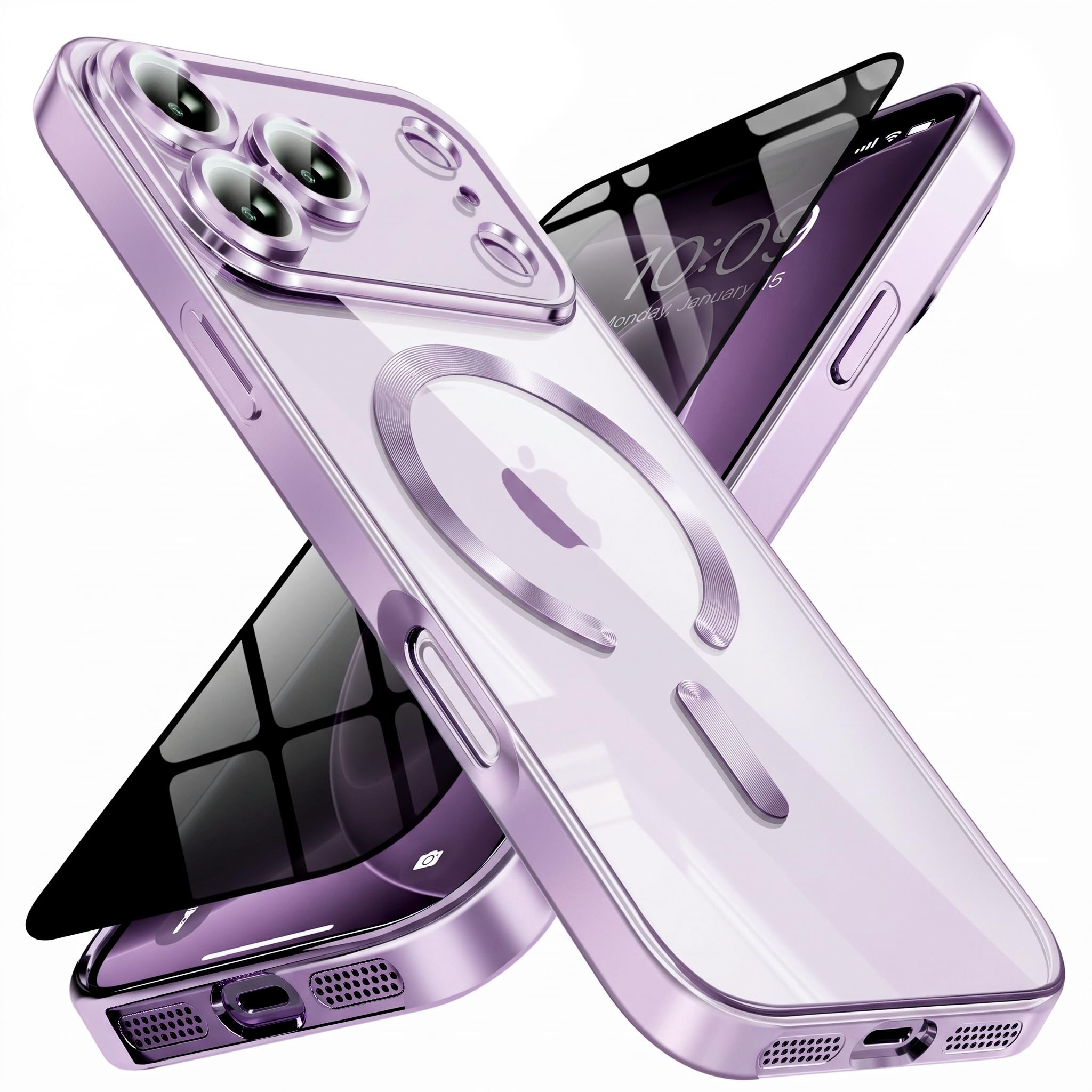 Magnetic for iPhone 18 Pro Max Case with Privacy Screen Protector &amp; Full Camera Cover,[Non-Yellowing] Shockproof Clear Phone Case Compatible with MagSafe Women Girls for iPhone 18 ProMax,Purple