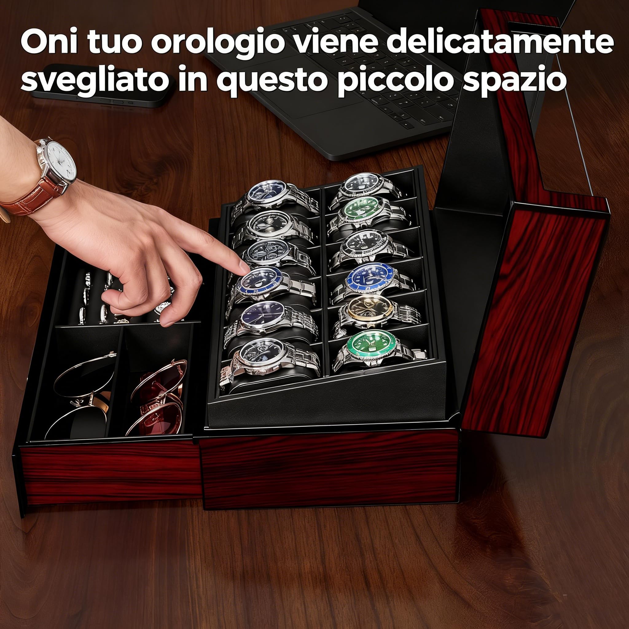 ANWBROAD Porta Orologi Uomo12 Scomparti Coperchio in Vetro Porta Orologi Uomo 2 Strati di Vernice Scatola Orologi Uomo Gioielli Scatola PU Similpelle Regali di Lusso JWB005Y