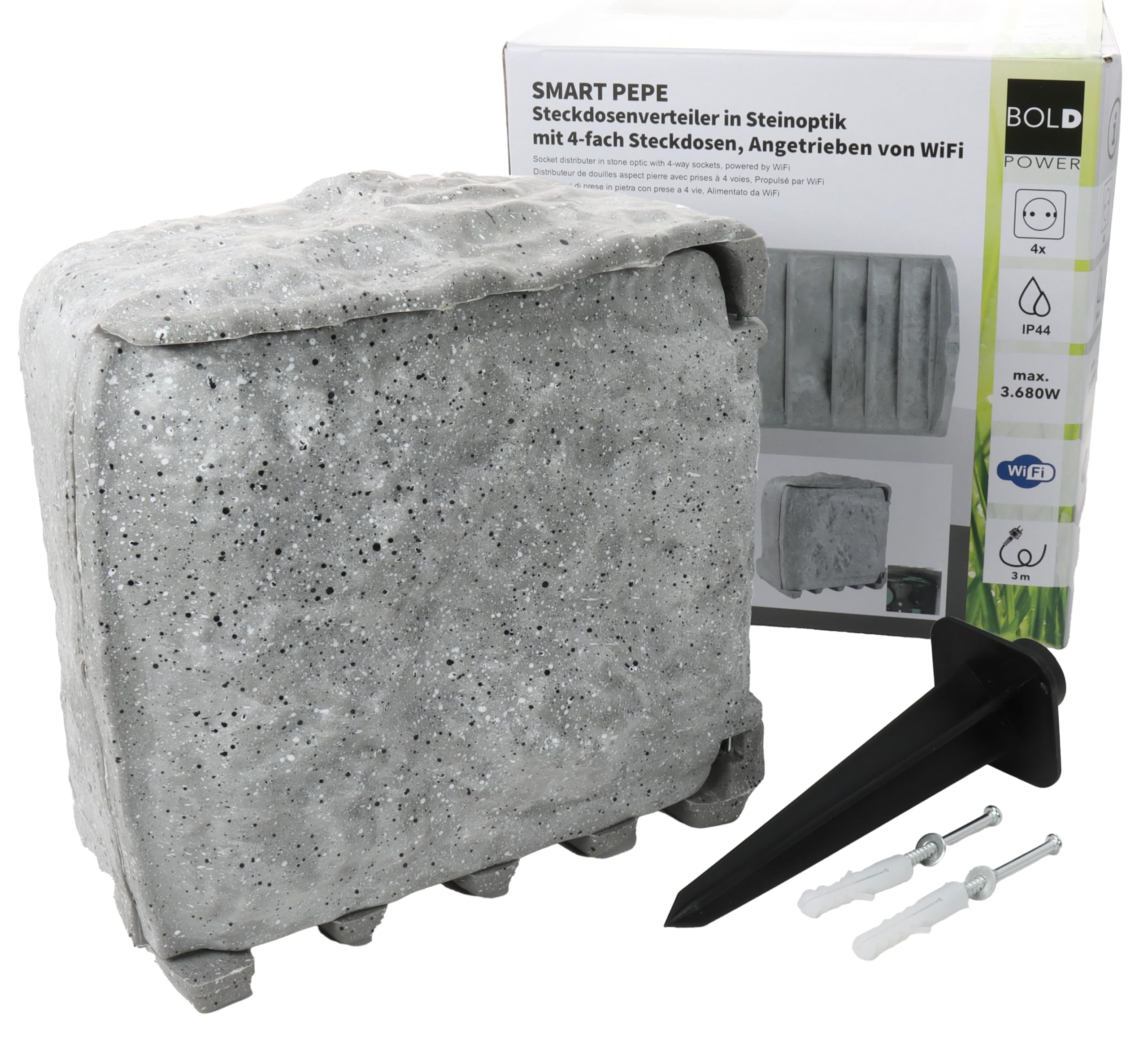 Toma de Corriente de Exterior Inteligente BOLD con Aspecto de Piedra para jardín - Distribuidor de Enchufe de 4 vías IP44 (WLAN, Smart Home, hasta 3680 vatios, Cable de Exterior de 3 m)