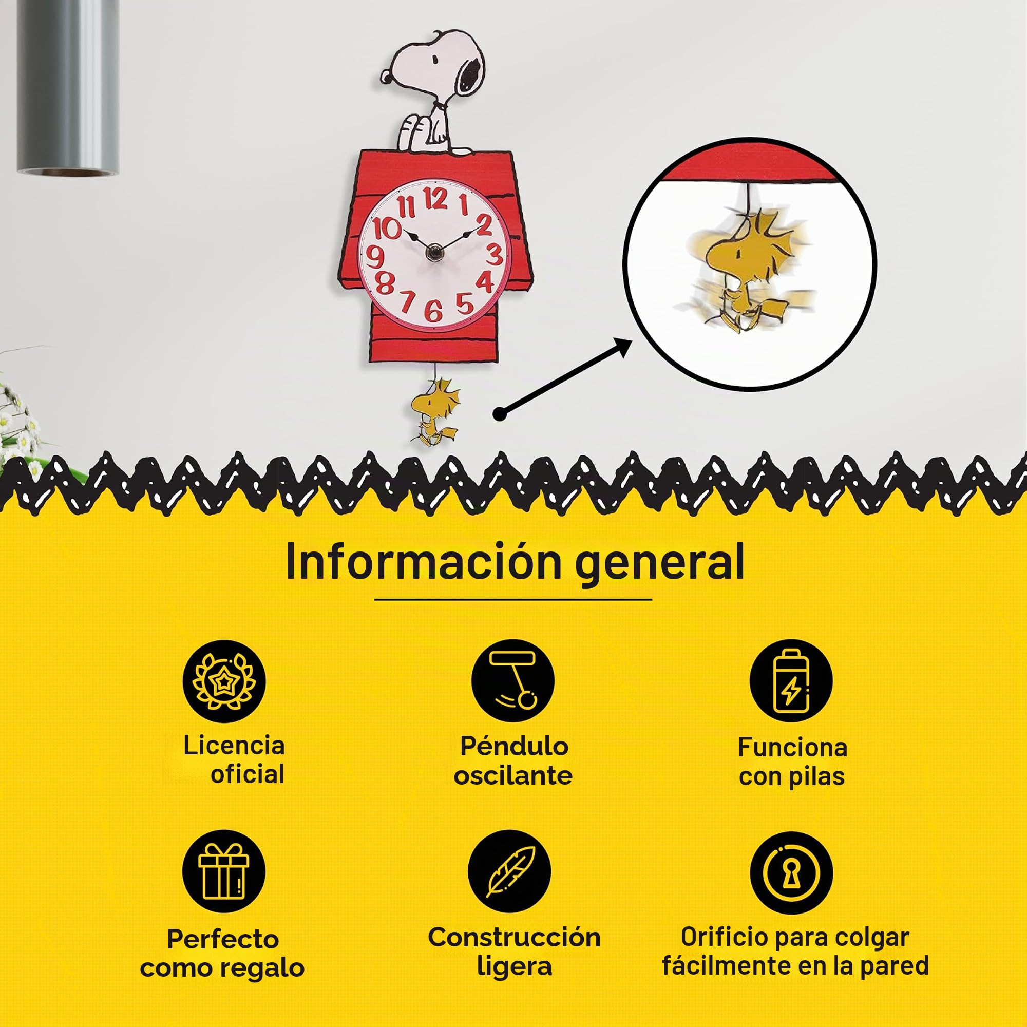 Mark Feldstein & Associates Peanuts Snoopy - Reloj de Pared con péndulo Woodstock, 30,5 cm