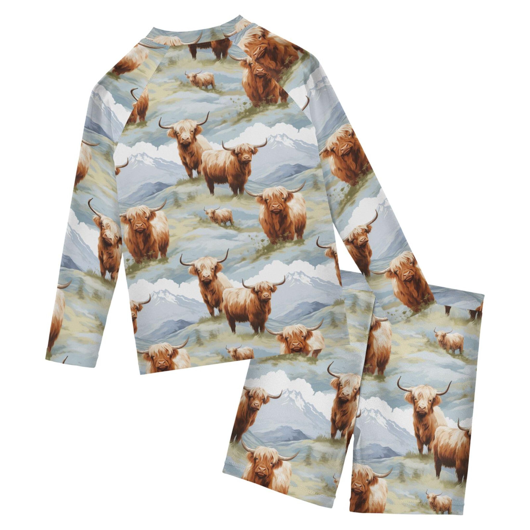 Highland Cow Boys Rash Guard Swimsuits Set for Boys Long Sleeve Swim Shirts Bathing Suits with Trunks B0403012