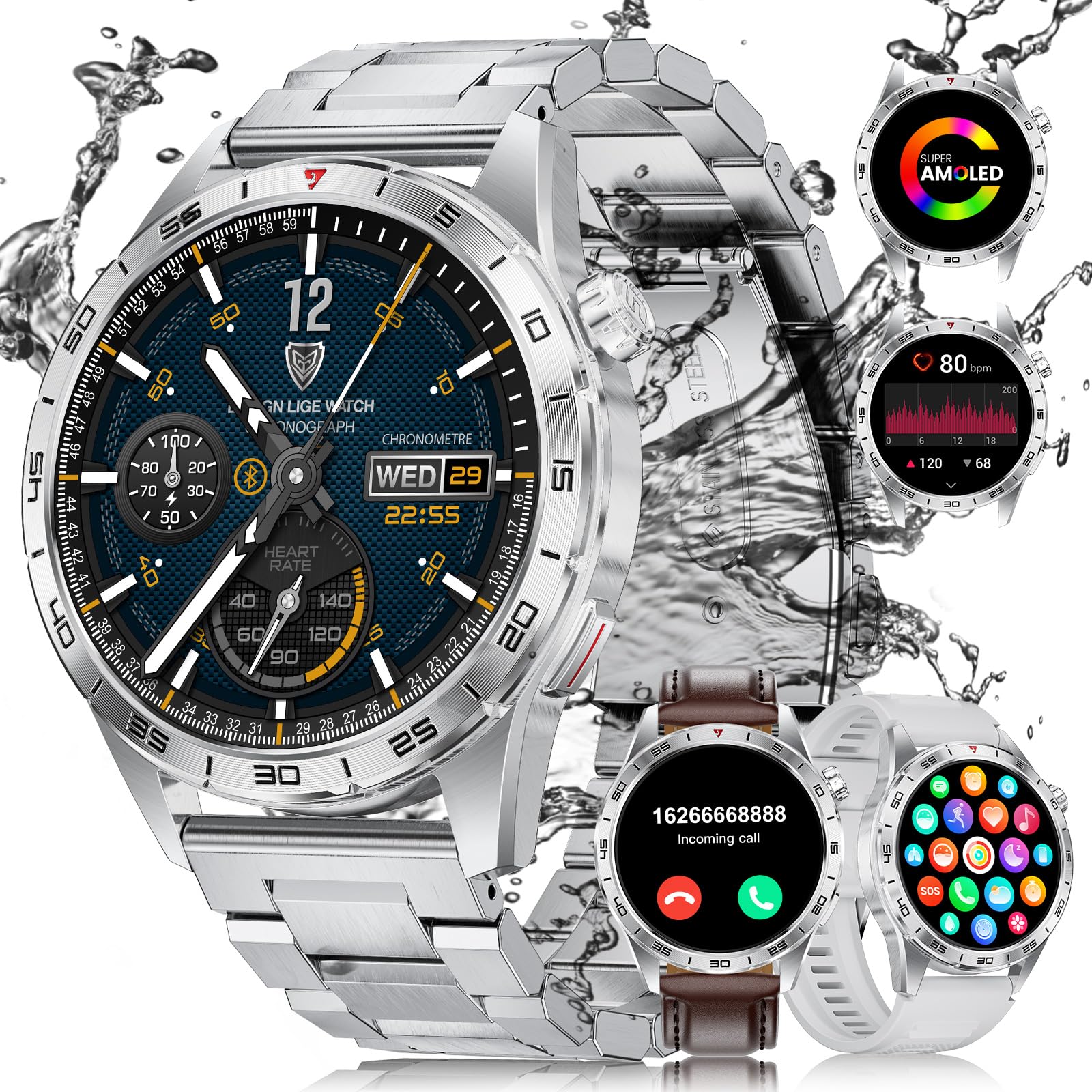 LIGE Smartwatch Uomo con Chiamata e Risposta, 1.43'' AMOLED Schermo Fitness Orologio Uomo, 120+ Modalità Sportive Activity Tracker, Sonno Cardiofrequenzimetro SpO2 per Android iOS, 3 Cinghie