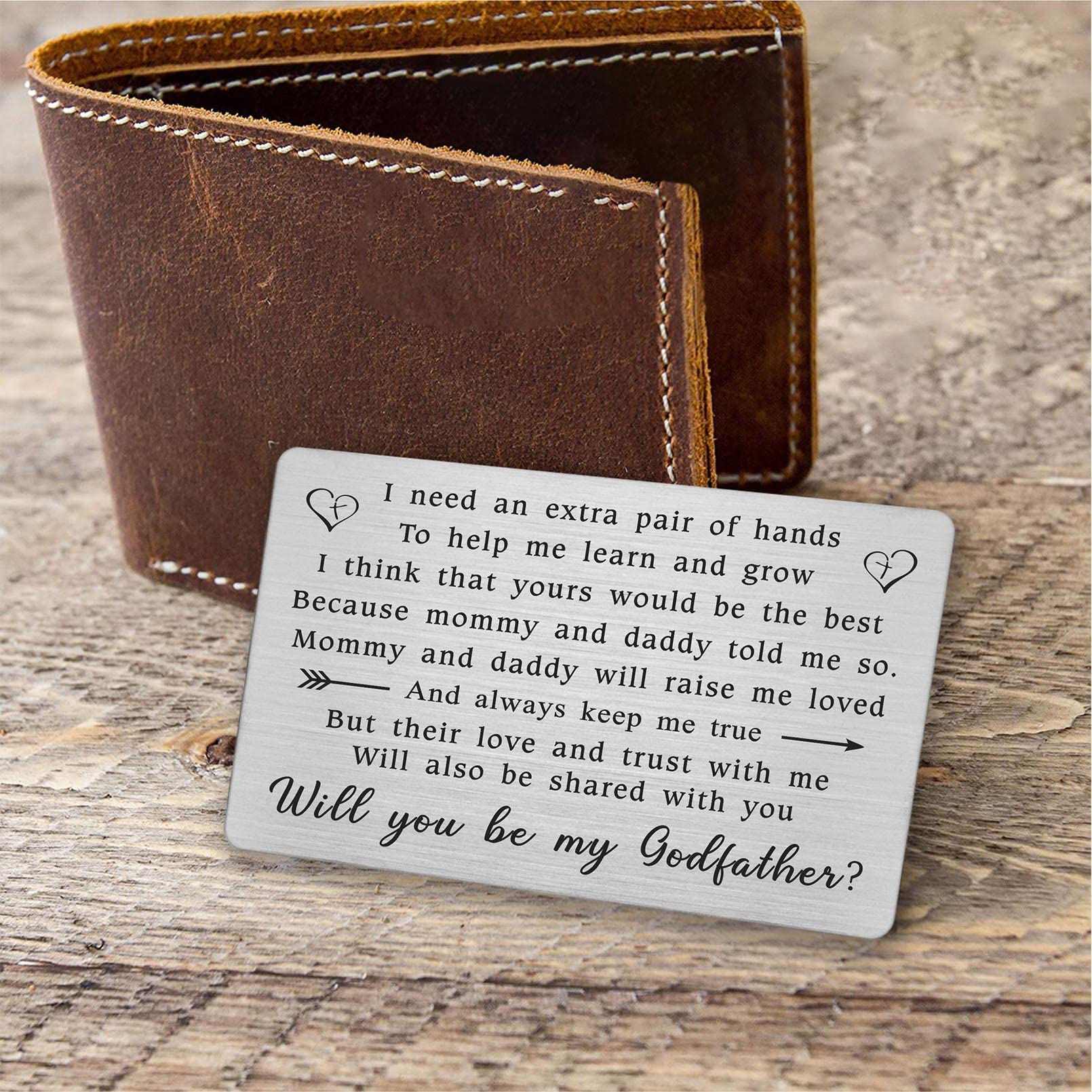 Edelstahl Geschenkkarte Für Paten – „Will You Be My Godfather“ Gravur, Mit Umschlag, Ca. 8,5x5,4 Cm