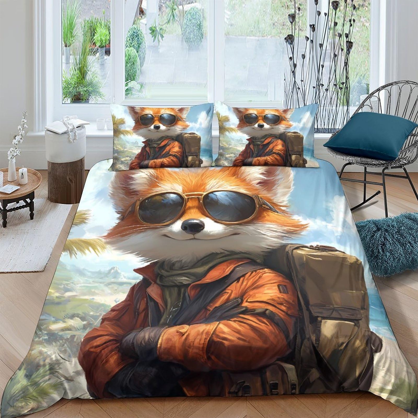 Ctjqhvkz Style-10 3D Printed Fox With Sunglasses Fitted Sheet Microfiber Soft Breathable Forest Adventure Bed Cover For Bedroom Dorm Decor Single（135X200cm）