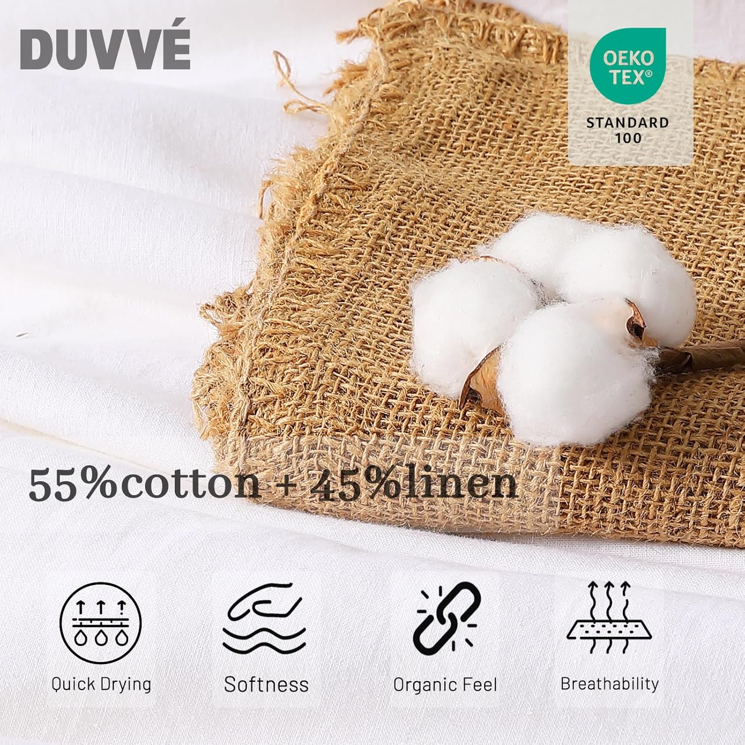 Luxury Cotton Linen Blend Flat Sheet, Cooling Breathable Natural Texture, Softening Durable Lightweight (White, Queen)