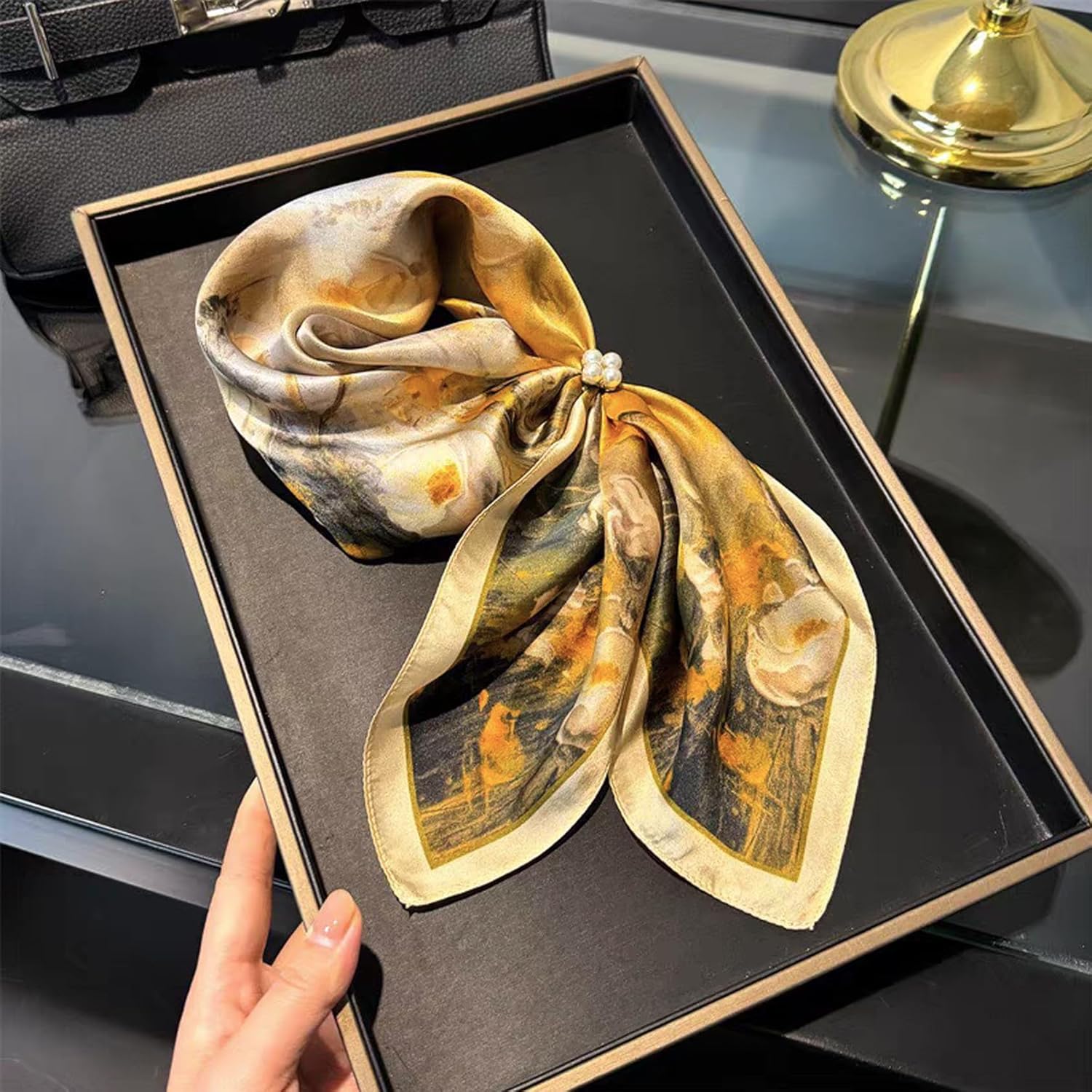 100% Mulberry Silk Neck Scarf - 21"x21" Small Printed Square Neckerchief Scarves for Women Gift Packed - Image 3