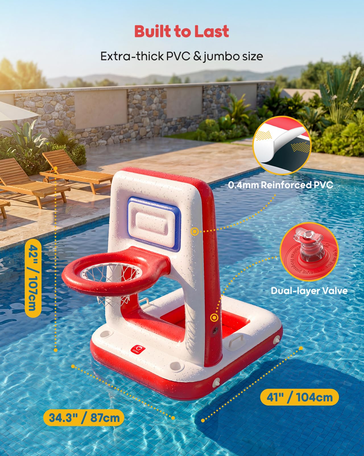 QPAU Pool Basketballregal mit eingebautem Kühlgerät, 42-Zoll, schwimmend, mit 2 Bällen, Pumpe und Kacheln, Poolspielzeug für Kinder