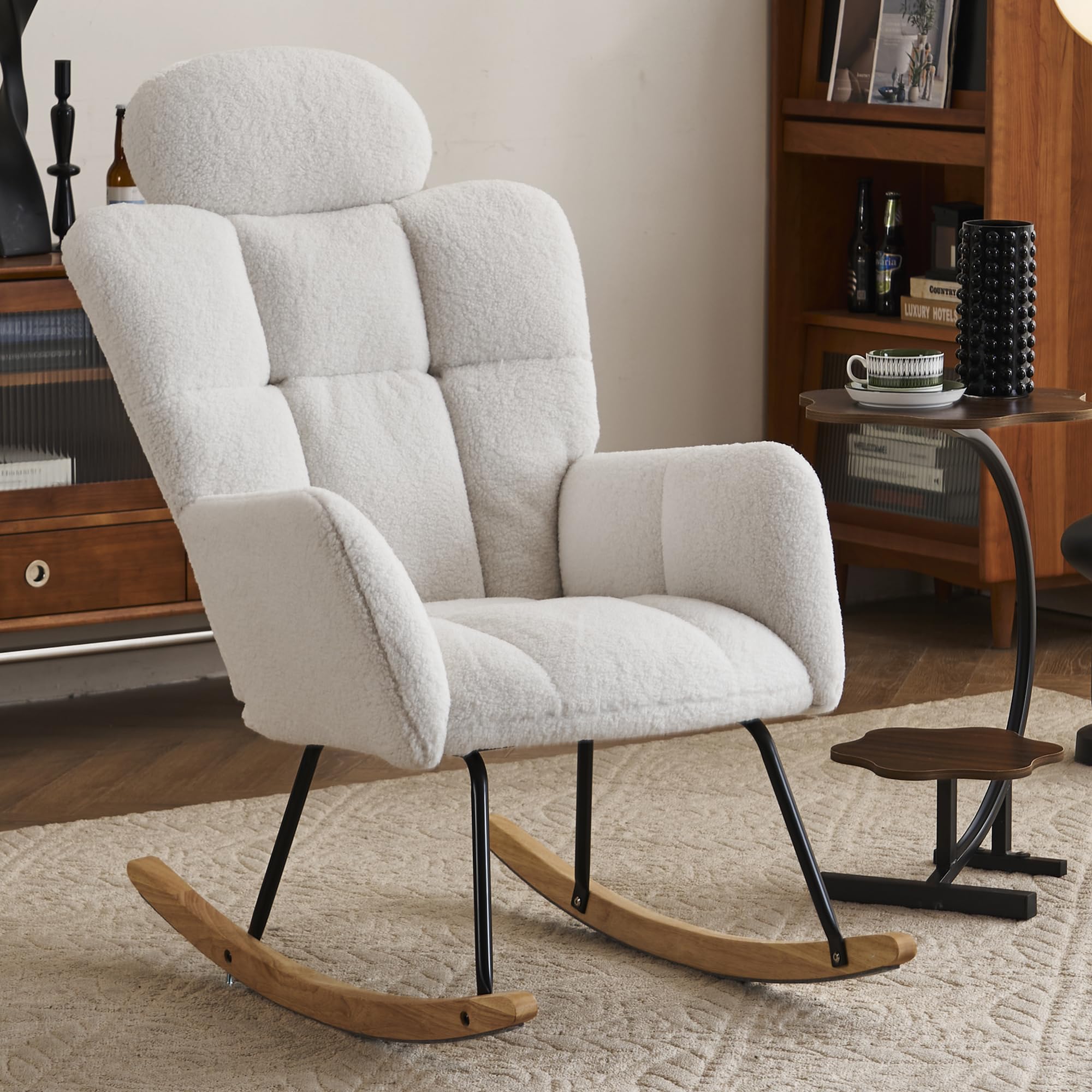 FOXHUNTER Rocking Chair Nursery with Thick Headrest, Upholstered Reading Glider Rocker Accent Armchair with High Backrest Rocker Recliner Chair for