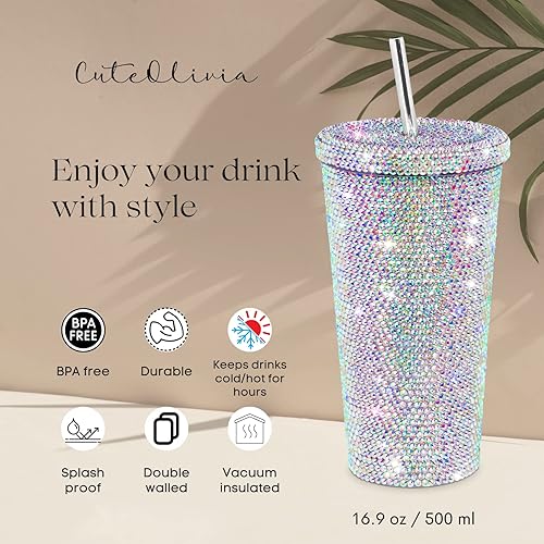 Miniatura 4 de cuteolivia Vaso con tachuelas con tapa y pajilla, botella de agua de acero inoxidable de doble pared con cepillo de limpieza para mujeres y niñas