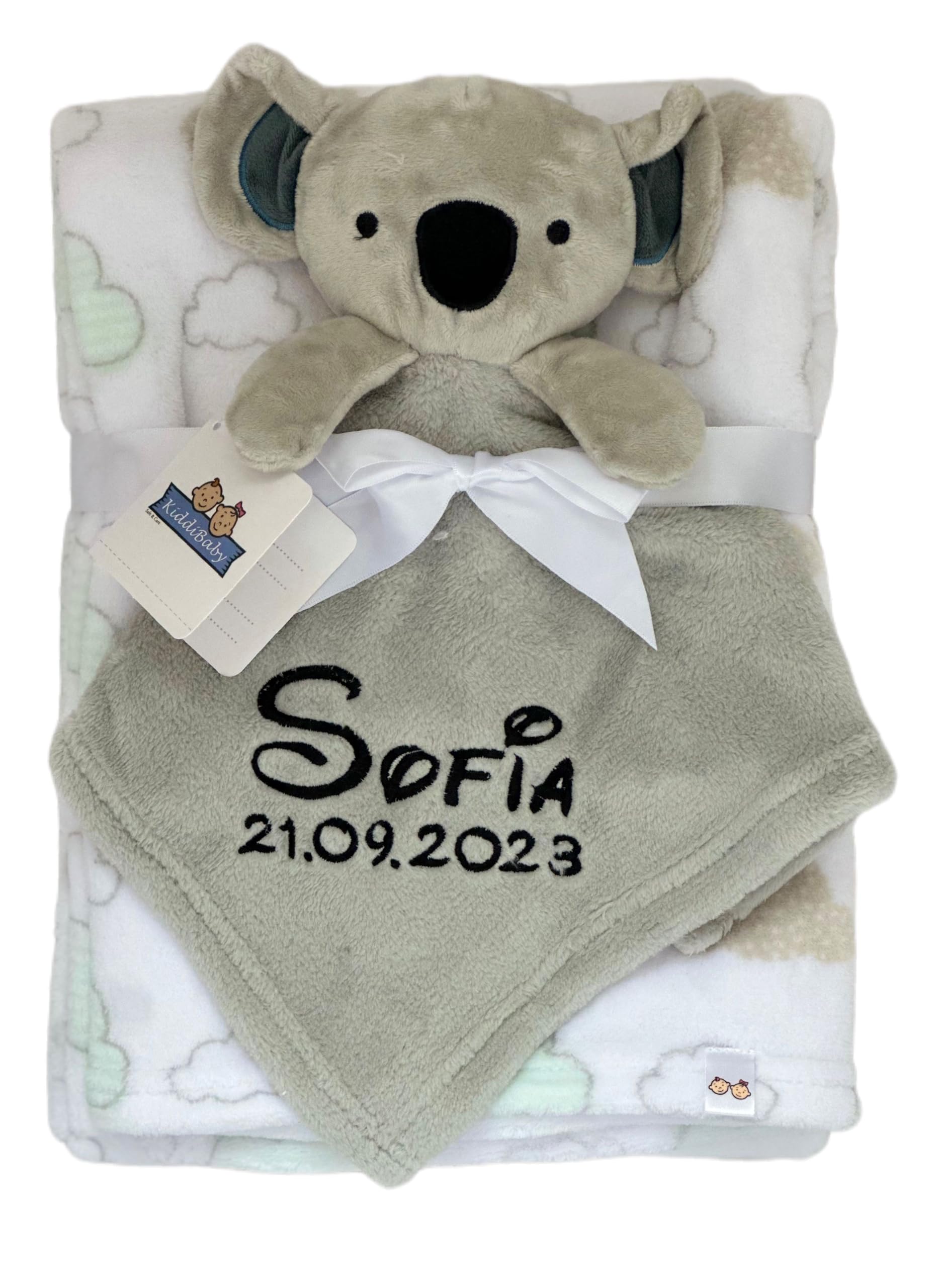 KIDDI-MEDIA Babydecke inklusive Trösterchen mit Name und Geburtsdatum Bestickt/kuschelig weich / 1A Qualität (Grau Koala)