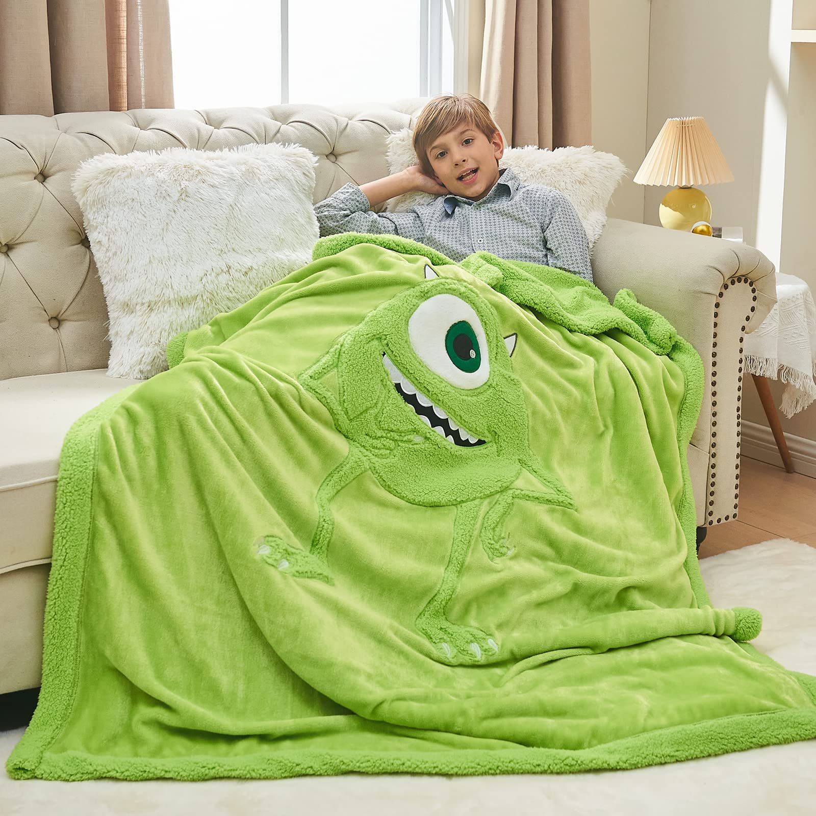 XTHHOA Kids Mike Wazowski Blanket 3D Cartoon Embroidered Sherpa Blanket Plush Warm for Boys Girls (Mike Wazowski)