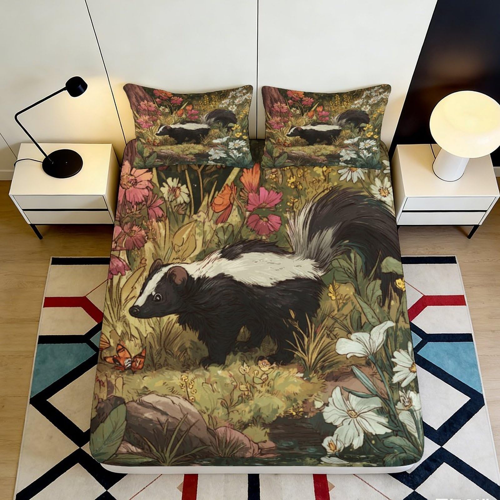 3D Printed Skunk Wildflower Fitted Sheet Microfiber Anti-Slip Meadow Bed Cover for Bedroom Guest Room Decor 180x200x25cm