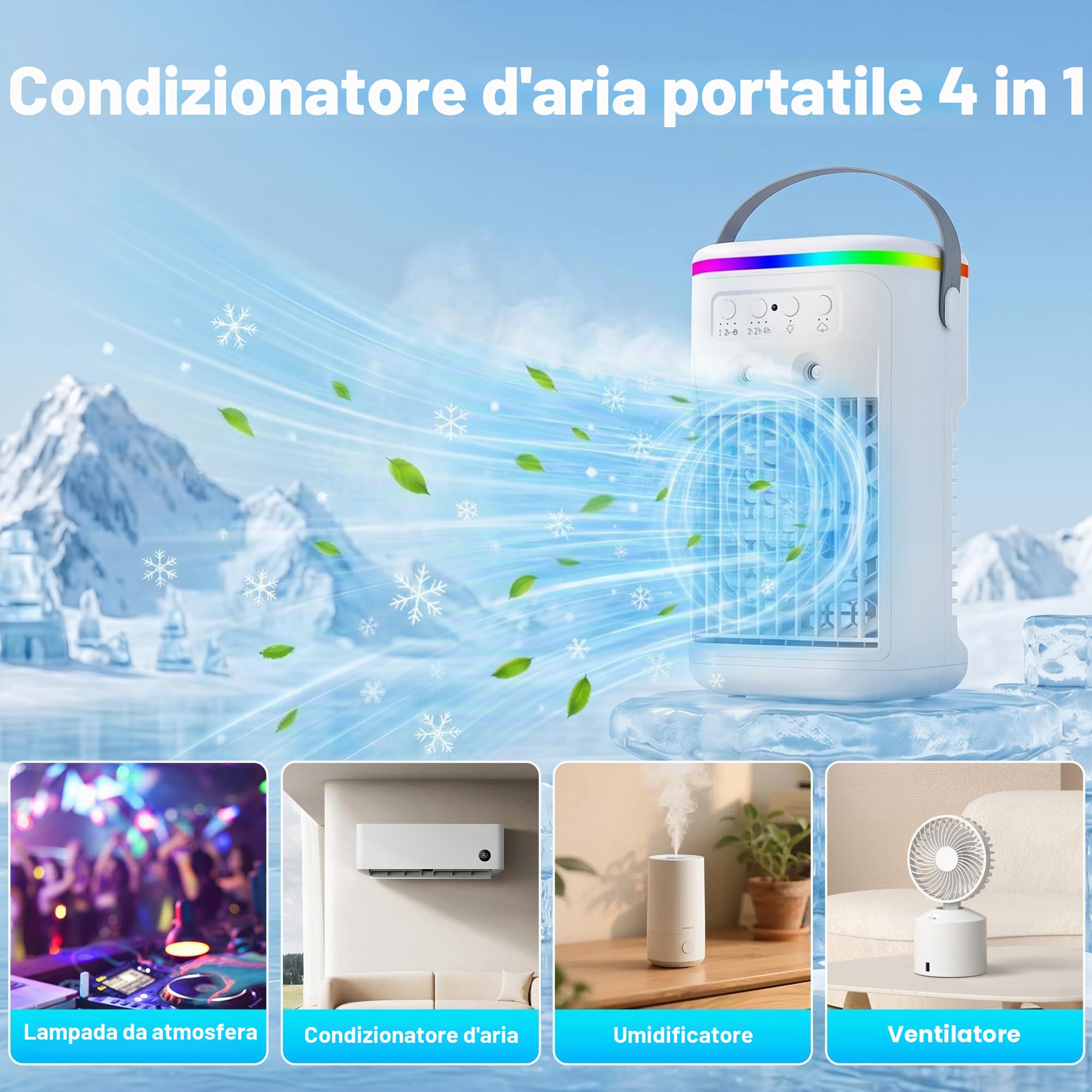 Mini condizionatore portatile silenzioso, refrigeratore d'aria con telecomando, 3 velocità e 2 modalità di nebulizzazione, timer 1-4 ore, 7 luci LED, ventilatore ad aria fredda per camera da letto e