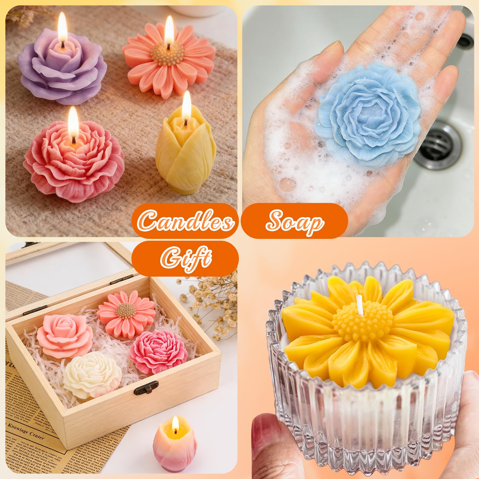 Juego de 4 moldes de silicona para flores, moldes de silicona florales 3D con margaritas, peonías, rosas, tulipanes, fácil liberación, ideal para velas de bricolaje, jabón, regalos de fundición de