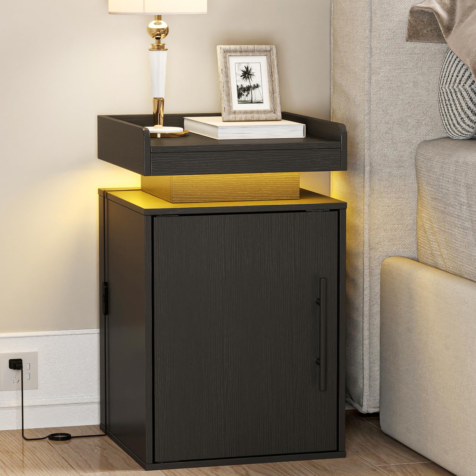 Baoz Bedroom Nightstand with LED Light, Wood Night Stand with Shelf and Door for Adjustable Storage, Modern Living Room Bedside Table with Side Open