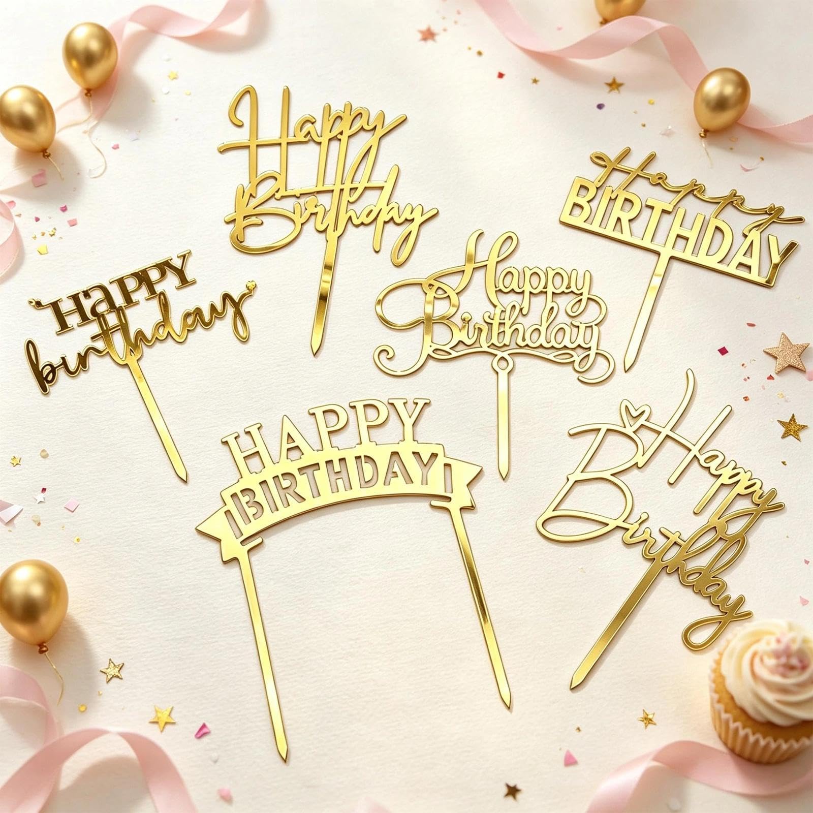 Gold Birthday Cake Toppers - 6 Pack -3 Gold Birthday Cake Toppers - 6 Pack -3