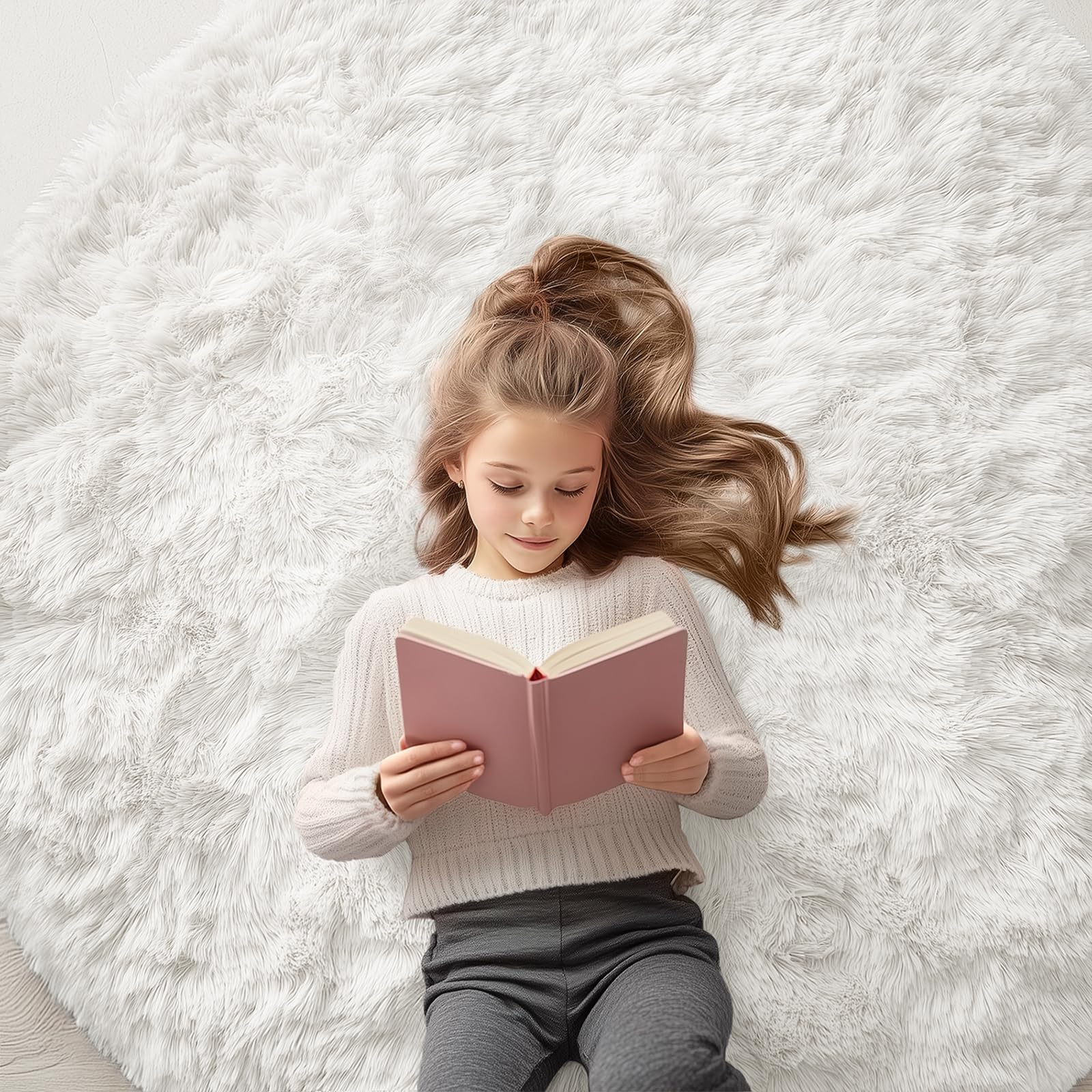 OLANLY Ivory Round Rugs for Bedroom - Machine Washable, 5 ft Circle Area Rugs for Living Room, Soft and Fluffy Shaggy Carpet for Teen Girls and Boys,