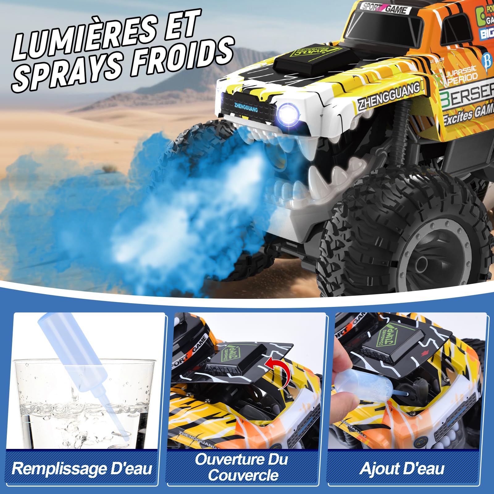 Charmofun Monster Truck Telecommande 1:12, 360° Rotation Dinosaure Voiture Télécommandée Tout Terrain, 2,4GHz RC Monster Truck avec Brume de Pulvérisation, Musique et Lumières LED pour Enfants