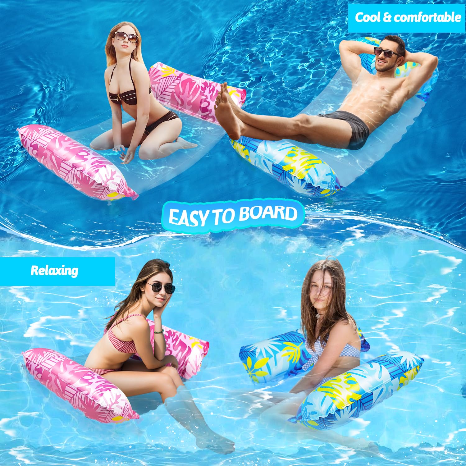 Hamaca Inflable 4 En 1 Para Piscina, 140x70 Cm, Con Reposacabezas, Tumbona, Sillín Y Esterilla De Playa, PVC Resistente