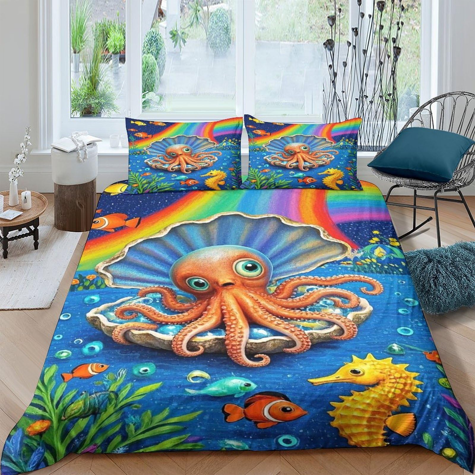 Ctjqhvkz Style-1 3D Printed Ocean Octopus Fitted Sheet Microfiber Undersea Seahorse Mattress Cover For Bedroom Guest Room Decor Single（135X200cm）