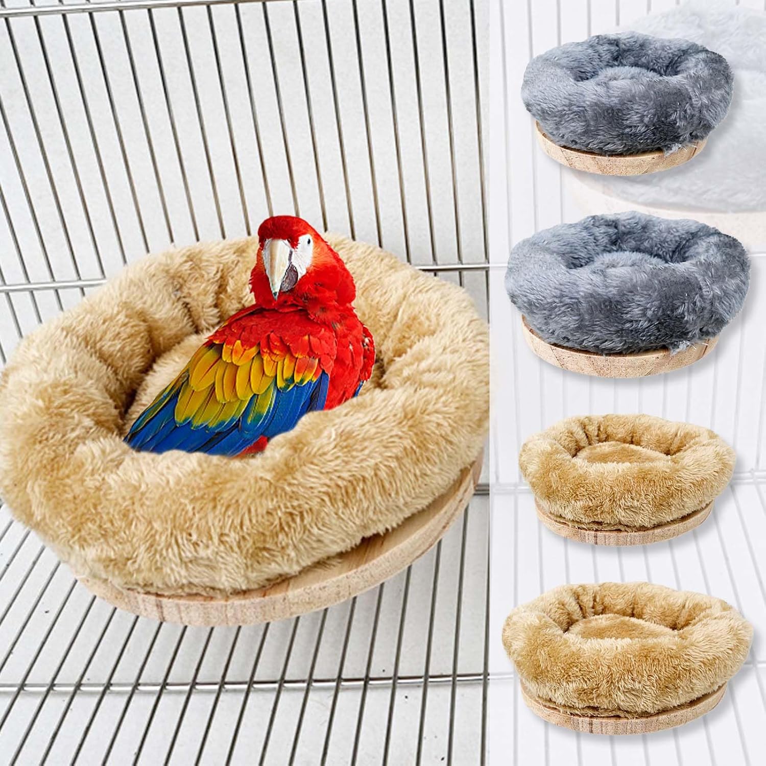 Bird Nest,1Pc Detachable Plush Parrot Hammock Bed,Winter Warm Bird House Snuggle Hut Birds Sleeping Bed Wood Perch for Budgies Cockatiel Conure Parakeet Hamster (Brown, Large)