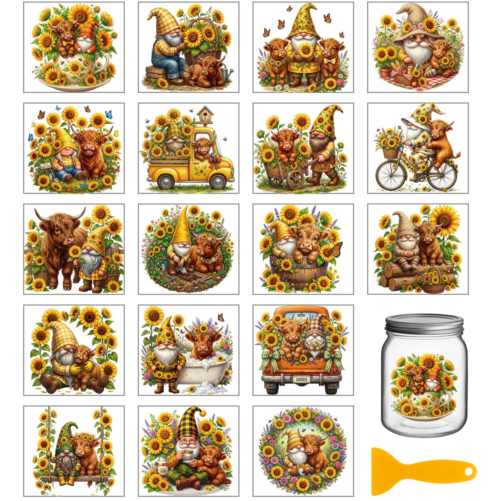 Autocollants de transfert nains et tournesols GLOBLELAND, lot de 18 feuilles 10x9cm pour verre