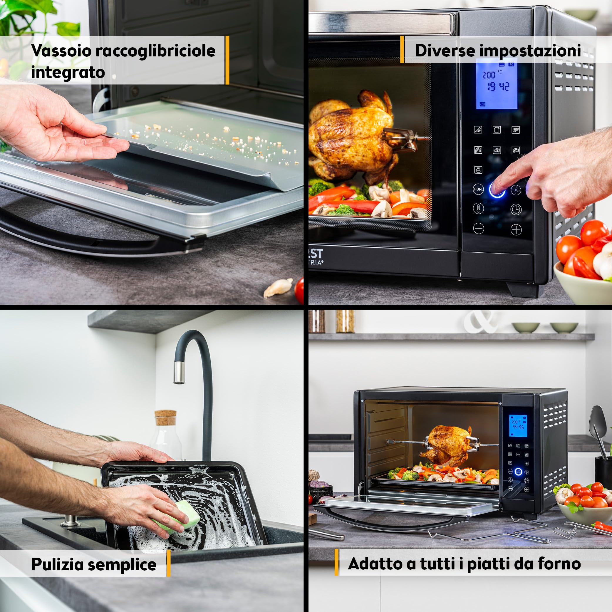 TZS First Austria - Mini Forno 45L 2000W con Premium-X Coating - Fornetto Digitale temperatura fino a 230°C & 4 Livelli - Timer di 180 min & 8 modalità - Spiedo rotante - Cocinas pequeñas & camping